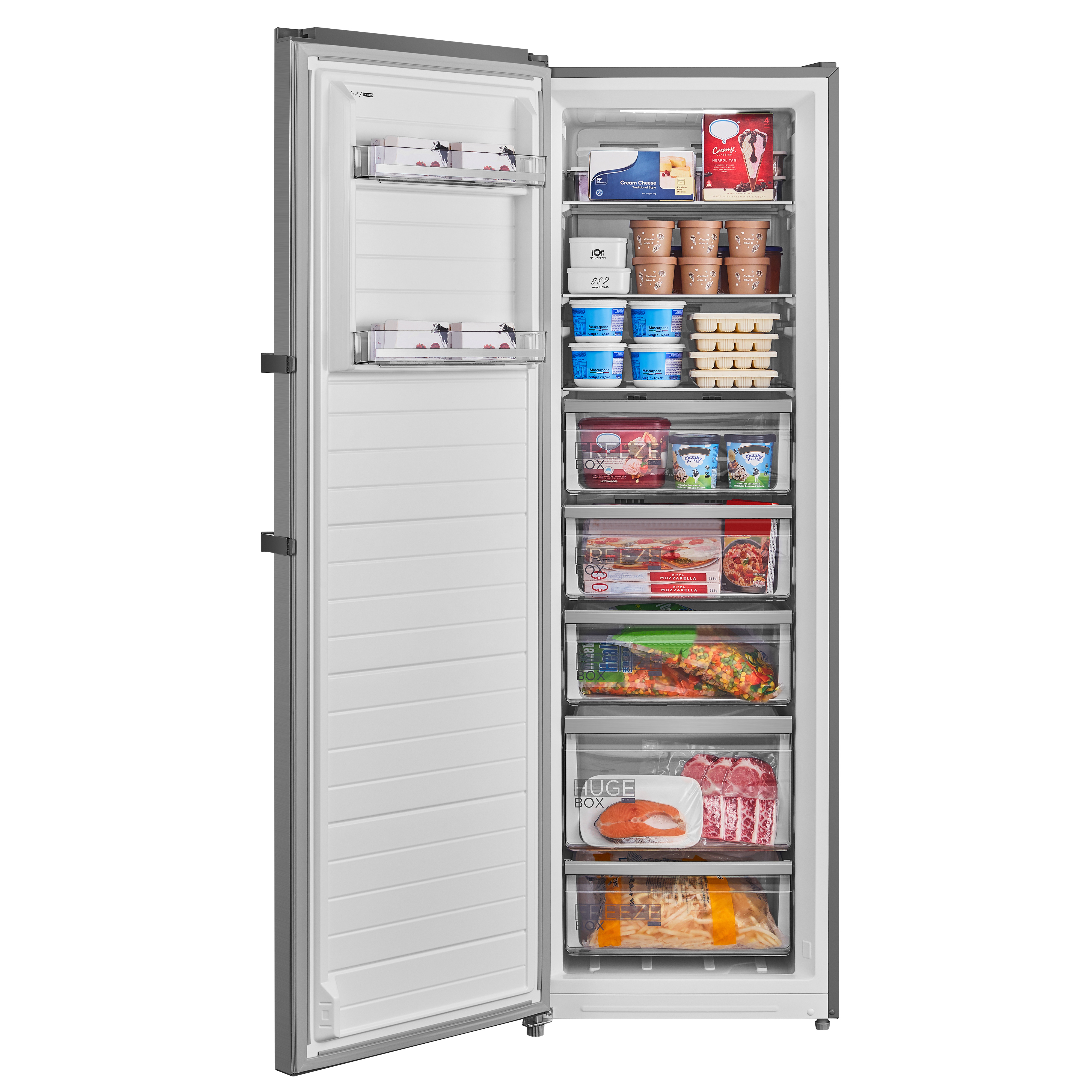 Un congelador con la puerta abierta, mostrando varios alimentos congelados dentro de cajones y estantes.