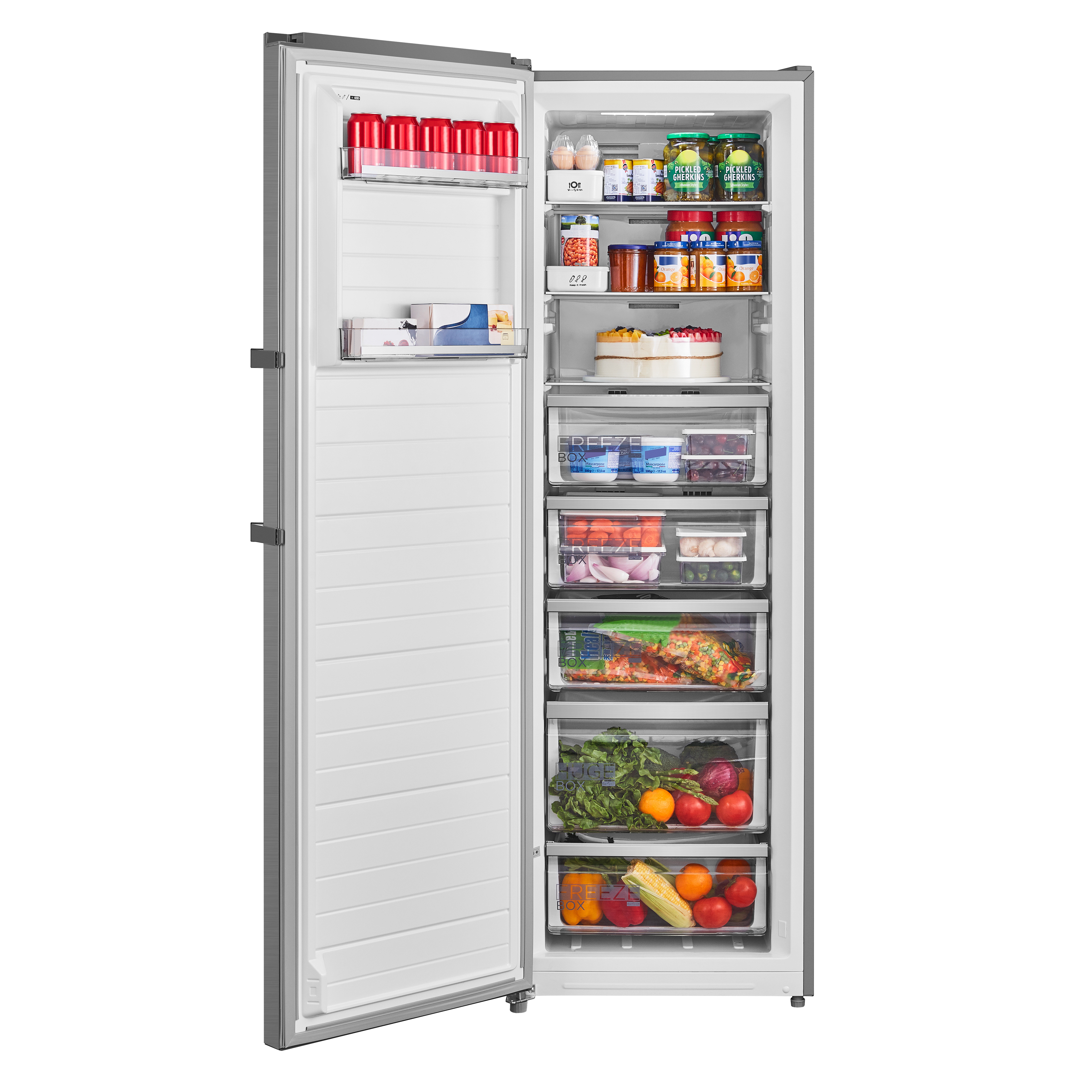 Un congelador con la puerta abierta, lleno de varios alimentos en cajones y estantes. Se ven verduras y frutas.