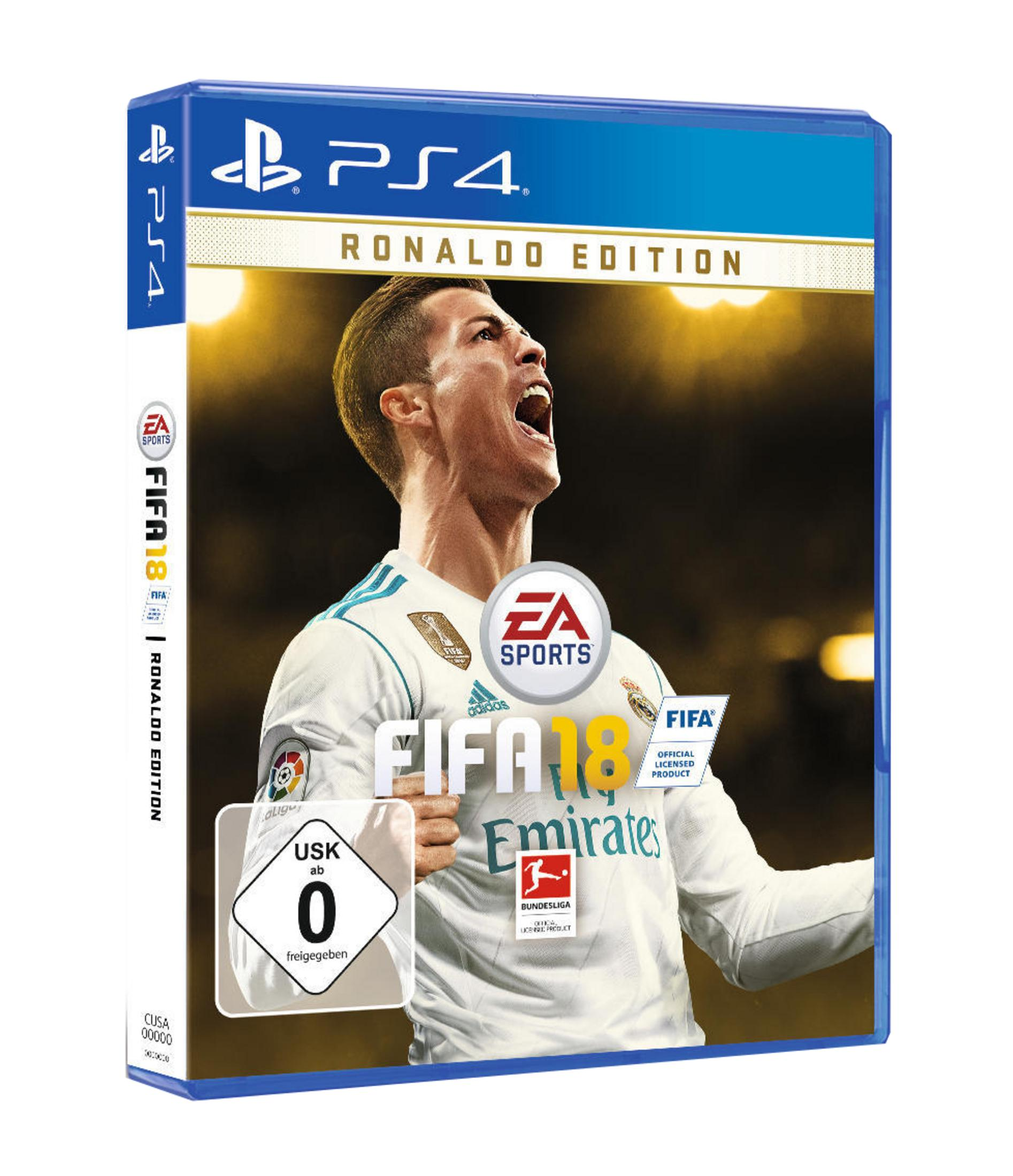 FIFA 18-Spielbox mit Ronaldo auf dem Cover, PS4-Logo.