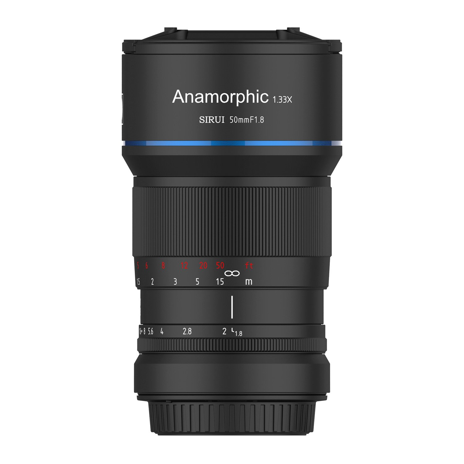 Czarny obiektyw z oznaczeniami odległości i ostrości. Niebieski detal pierścienia.