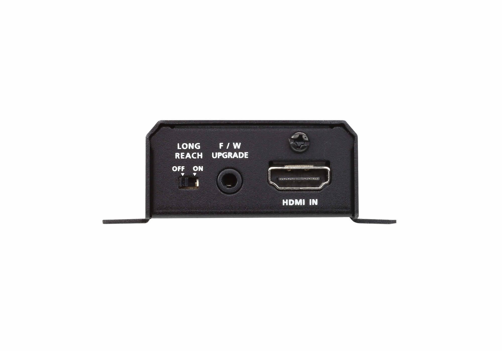Dispositivo negro con HDMI IN, F/W UPGRADE, LONG REACH y OFF/ON. Fondo blanco.