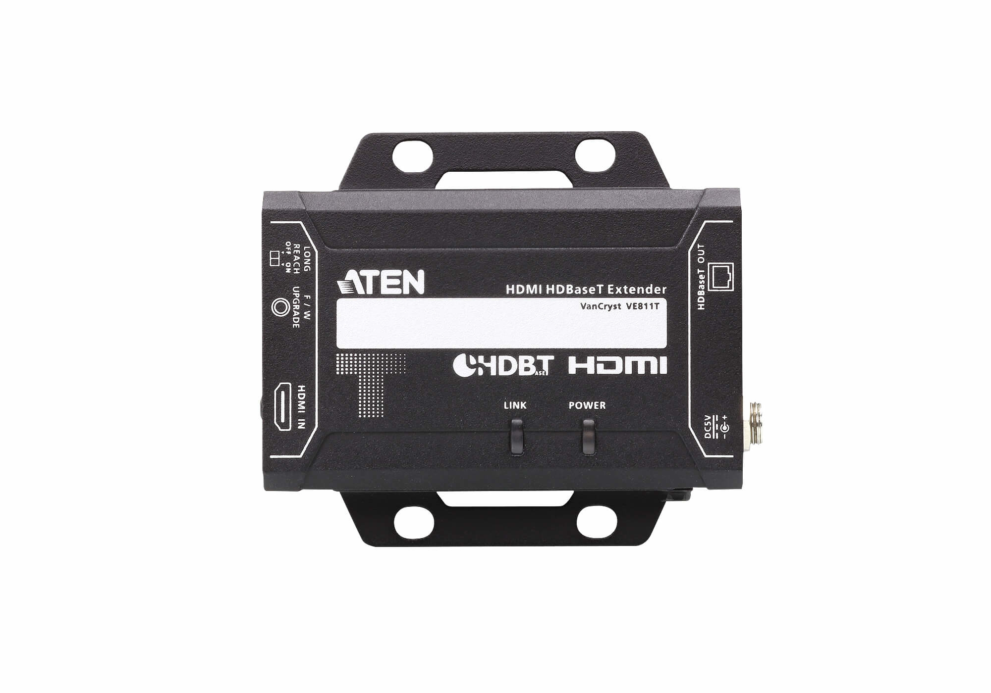Extensor HDMI HDBaseT ATEN negro con puertos y etiquetas. El dispositivo tiene soportes de montaje.