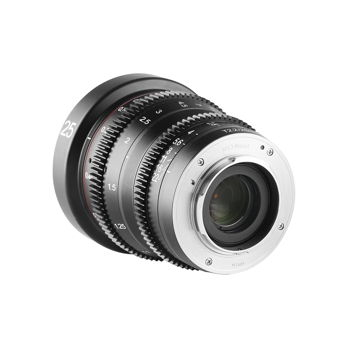 Czarny obiektyw aparatu z wieloma pierścieniami i liczbami, zamontowany na białej powierzchni.