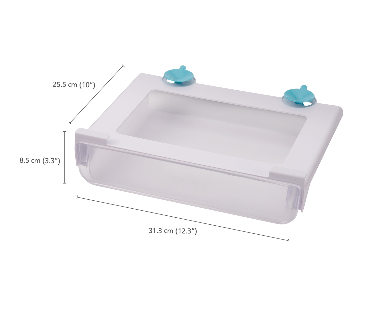 Biała plastikowa szuflada z warzywami w środku, przymocowana do szklanej powierzchni.