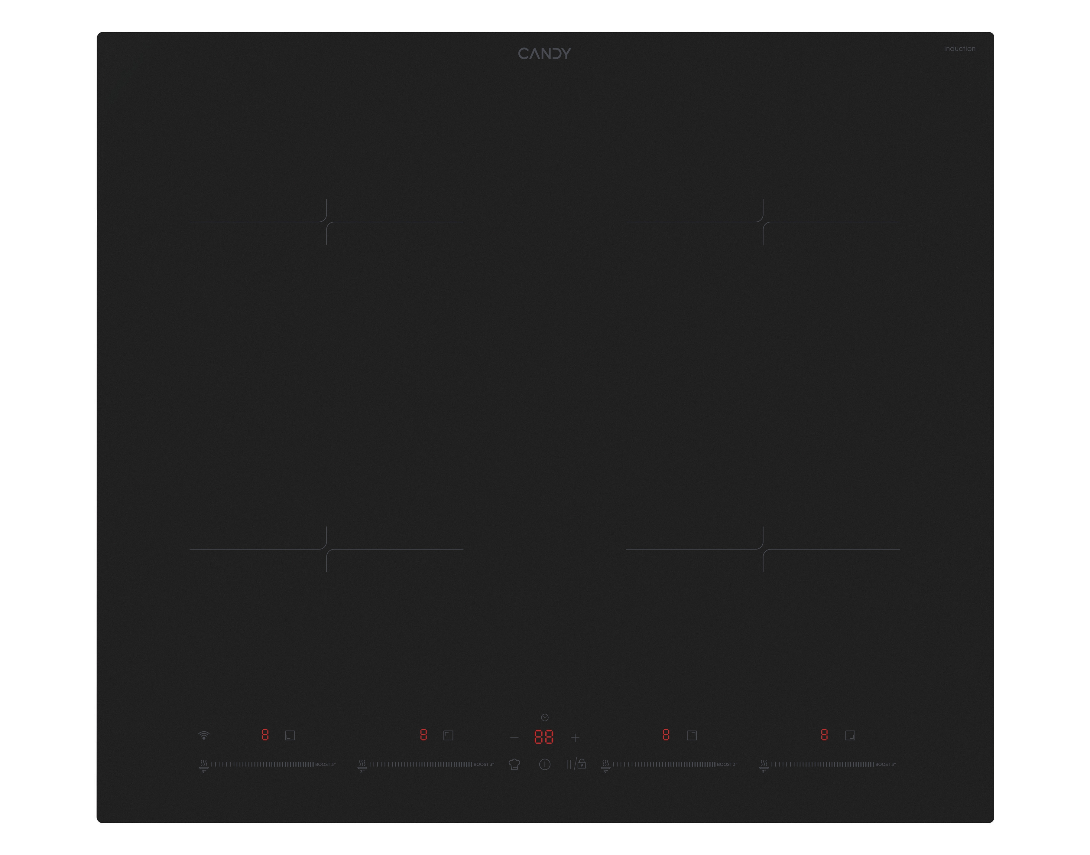 Czarna płyta indukcyjna Candy z czterema strefami grzewczymi i sterowaniem dotykowym. Czerwony wyświetlacz pokazuje '88'.