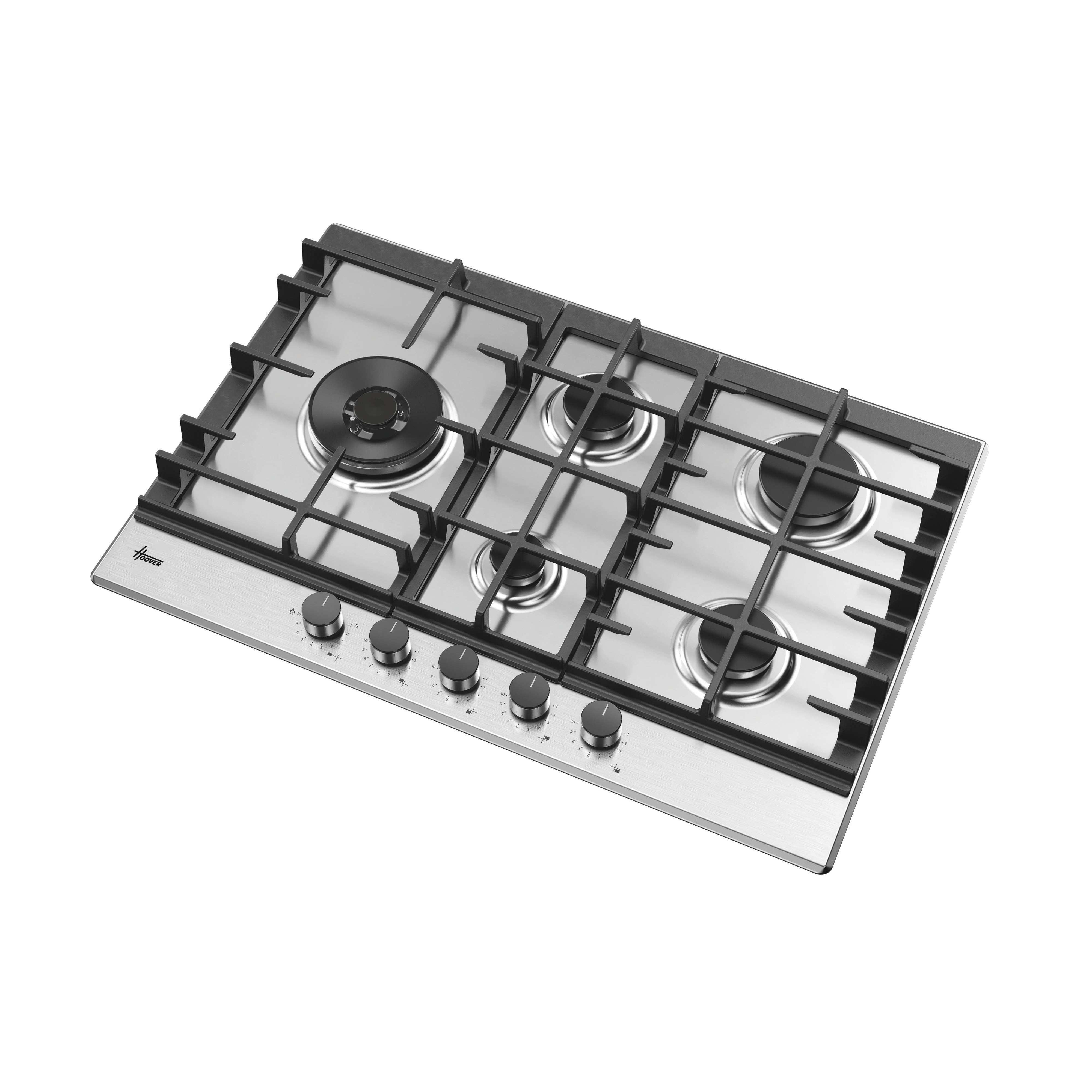 Piano cottura a gas in acciaio inox con cinque fuochi, griglie nere e manopole frontali.