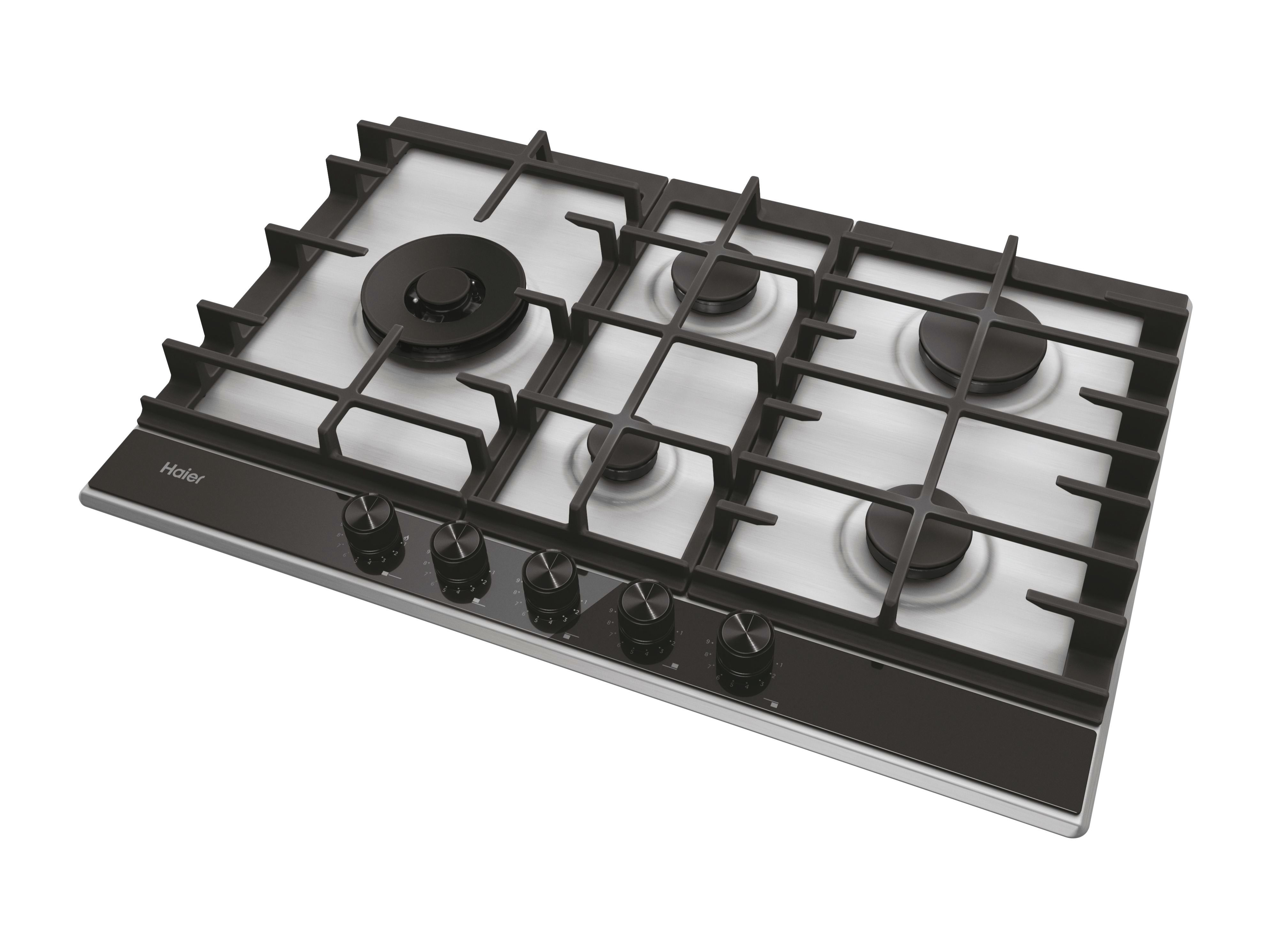 Una placa de gas negra y plateada con cuatro quemadores y perillas de control.