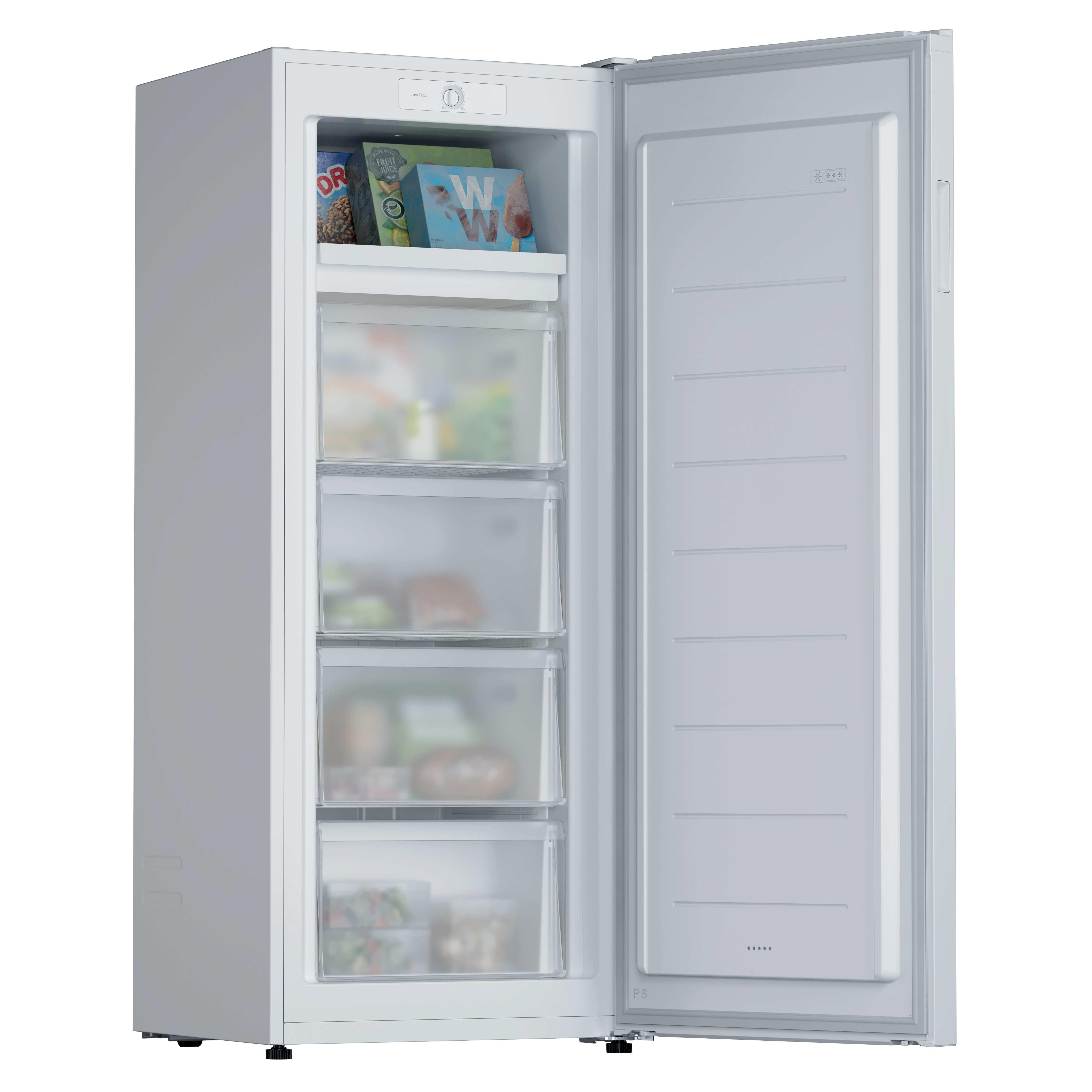 Un congelatore bianco con la porta aperta, mostra cassetti con cibi surgelati.