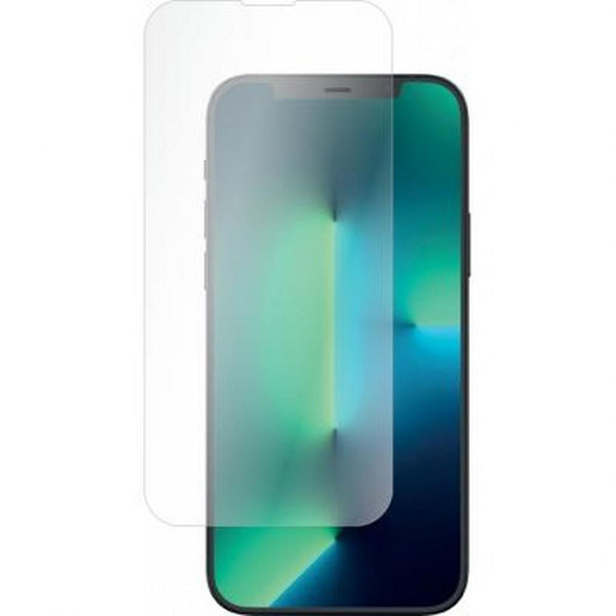 Een iPhone met een schermbeschermer aangebracht. De beschermer is helder. De telefoon toont een groene en blauwe achtergrond.