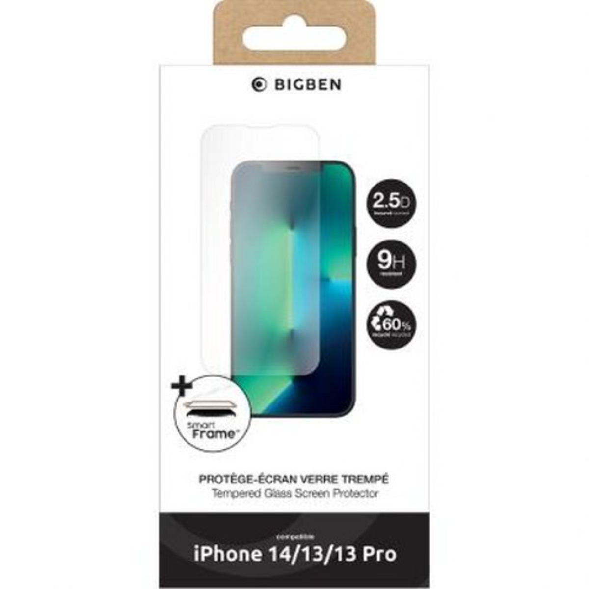 Een verpakte iPhone-schermbeschermer. De doos toont een telefoon met een schermbeschermer en details over het product.