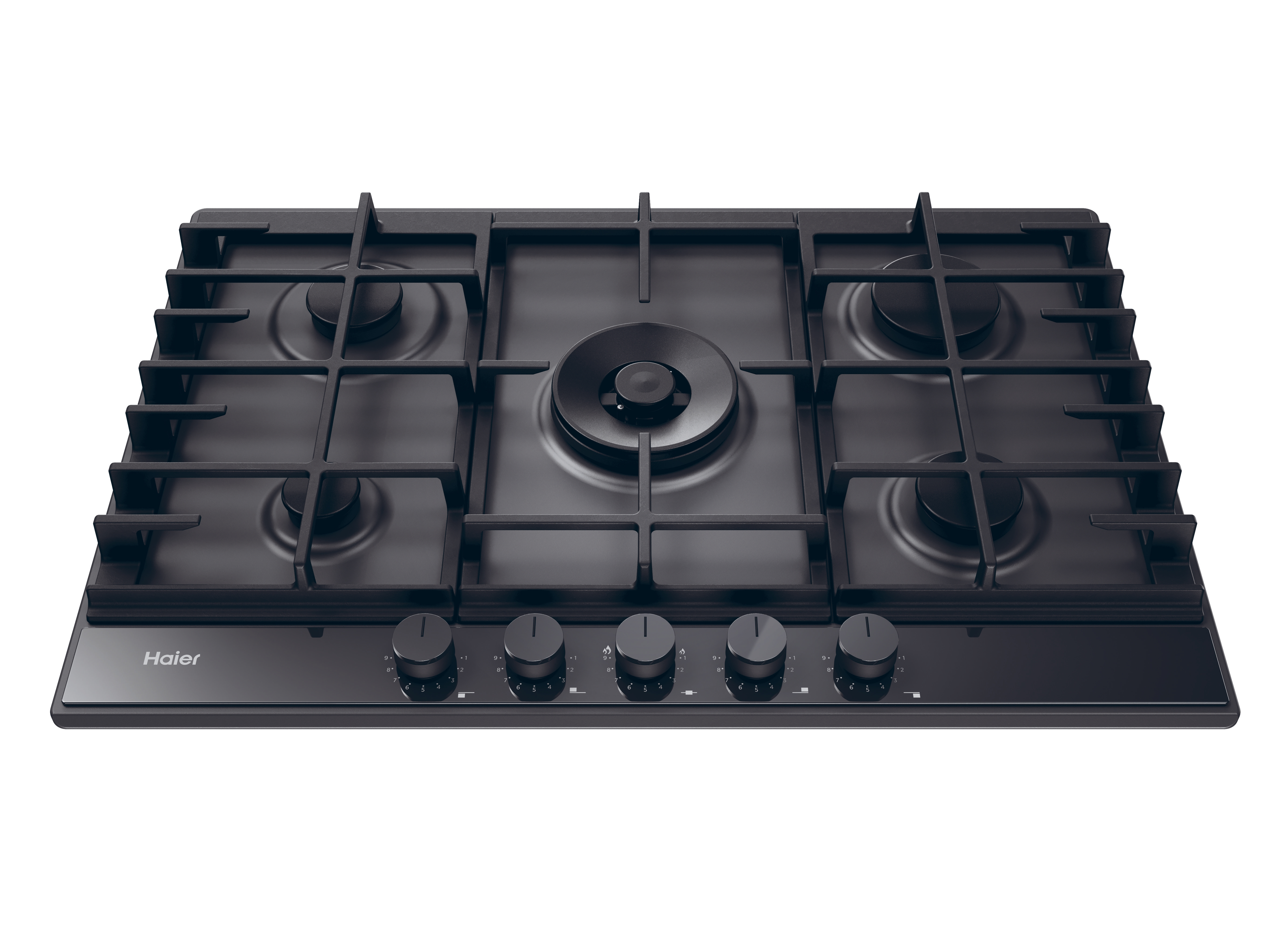 Encimera de gas Haier negra con cinco quemadores, cinco perillas y superficie negra brillante.