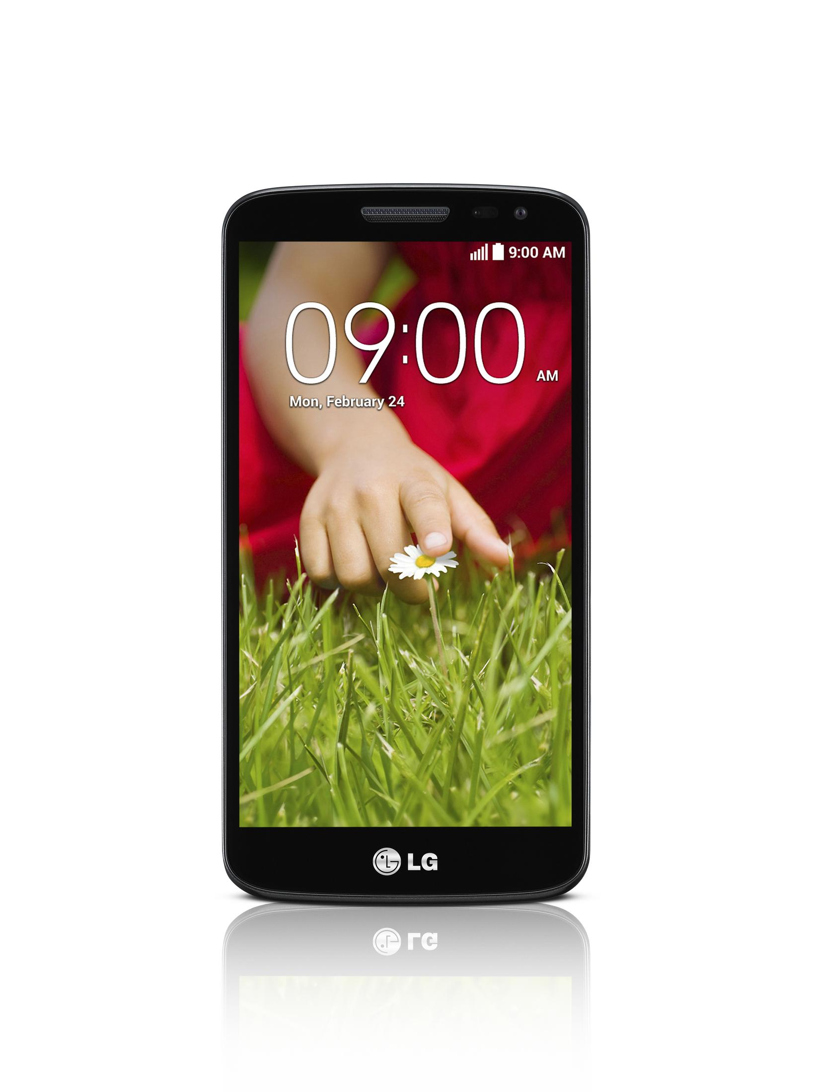 Schwarzes LG-Smartphone mit Bildschirm, der Hand mit Blume zeigt. Weißer Hintergrund.