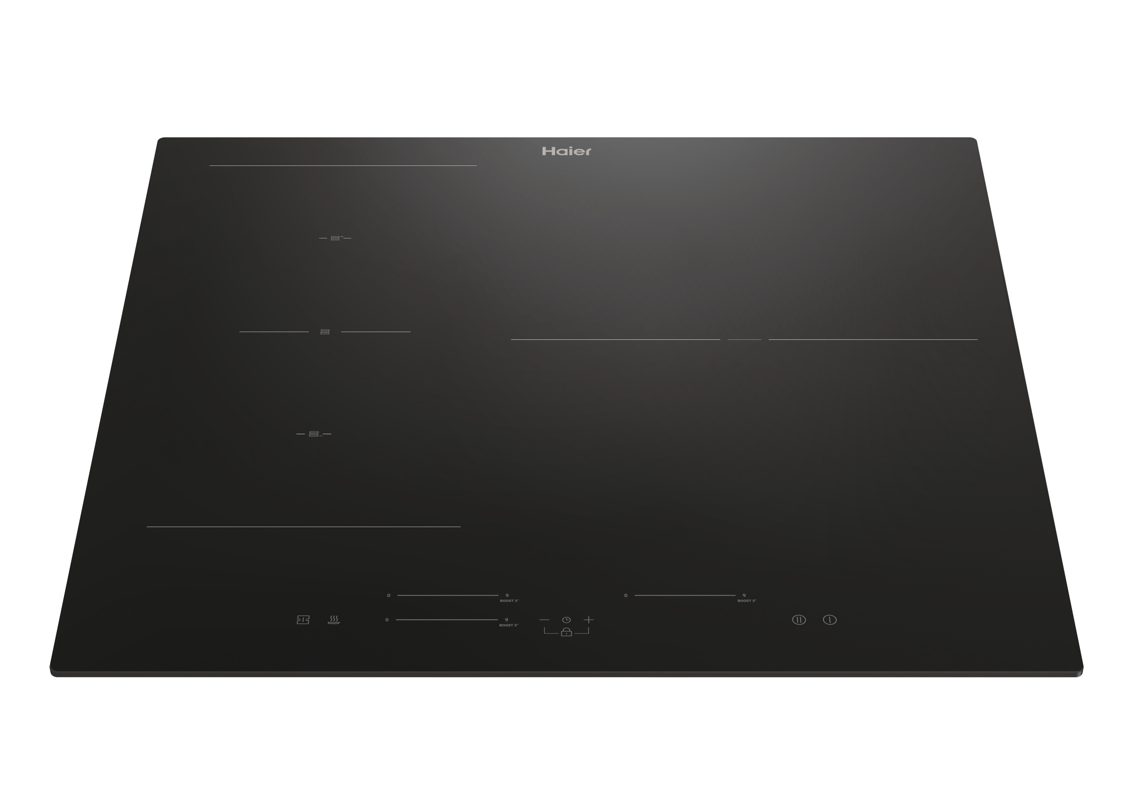 Czarna płyta grzewcza z logo Haier, różnymi strefami gotowania i panelem sterowania.