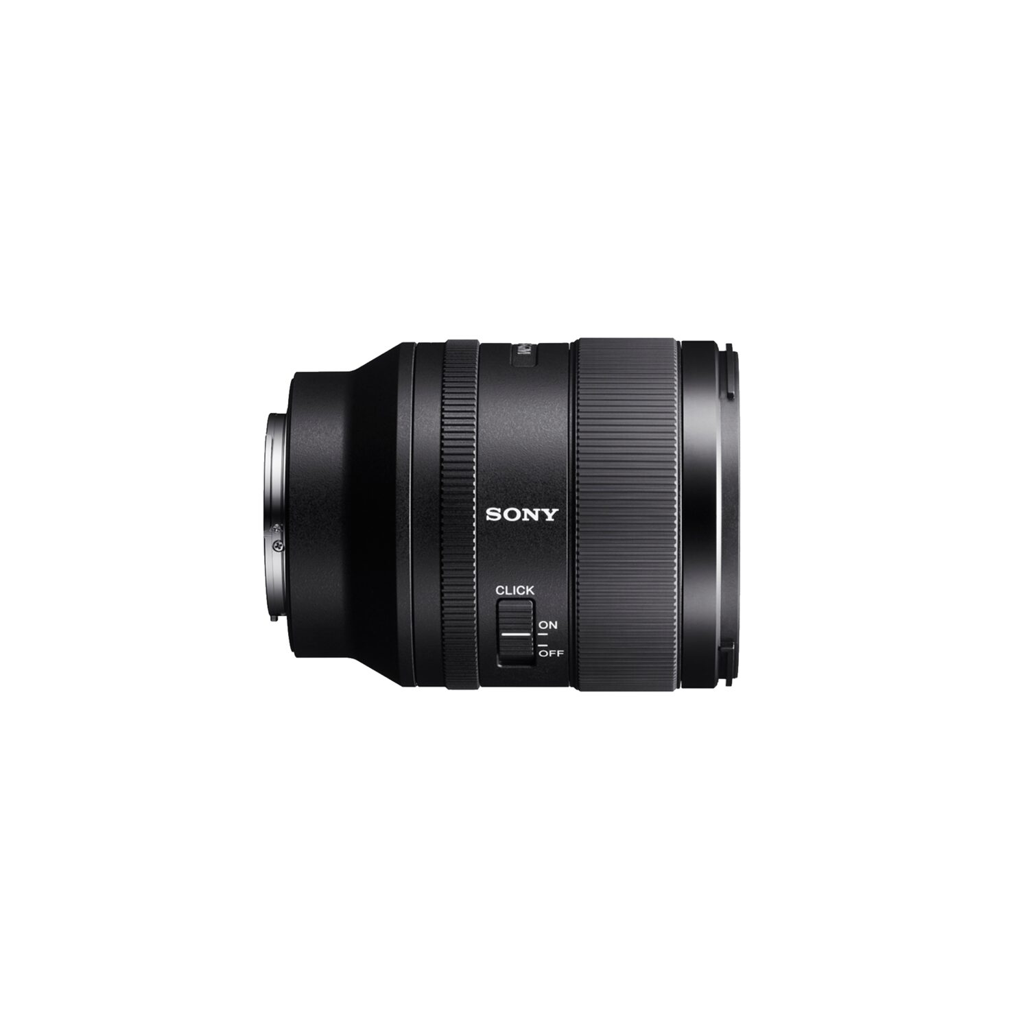 Schwarzes Sony-Kameraobjektiv. Das Objektiv ist zylindrisch mit einem schwarzen Gehäuse und dem Aufdruck SONY.