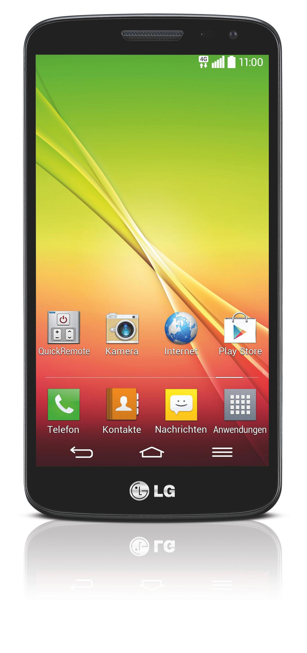 Schwarzes LG-Smartphone. Der Bildschirm zeigt einen bunten Hintergrund und App-Symbole.