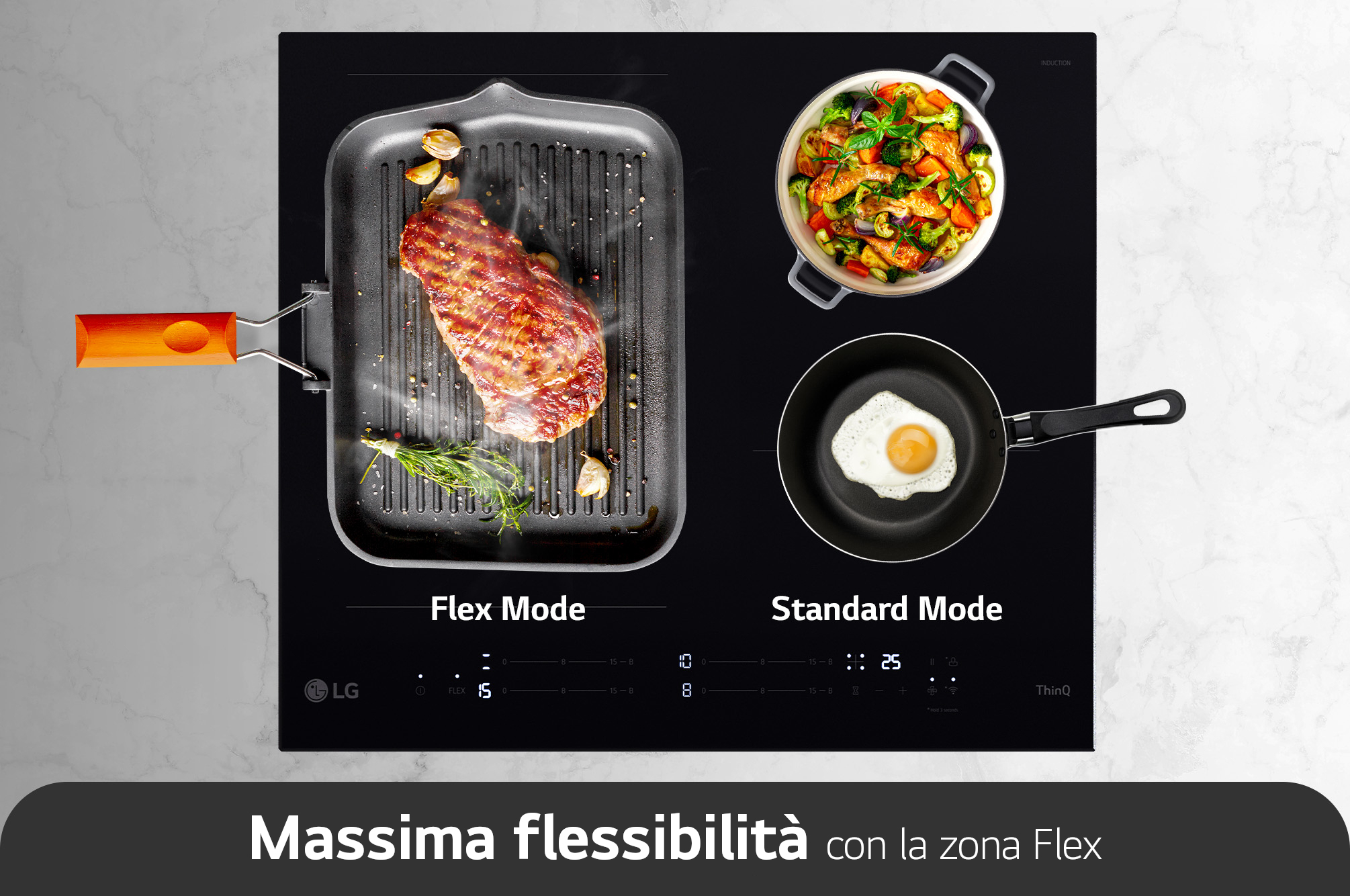 Piano cottura con griglia e padella con uovo. Sono mostrate le modalità Flex e Standard.