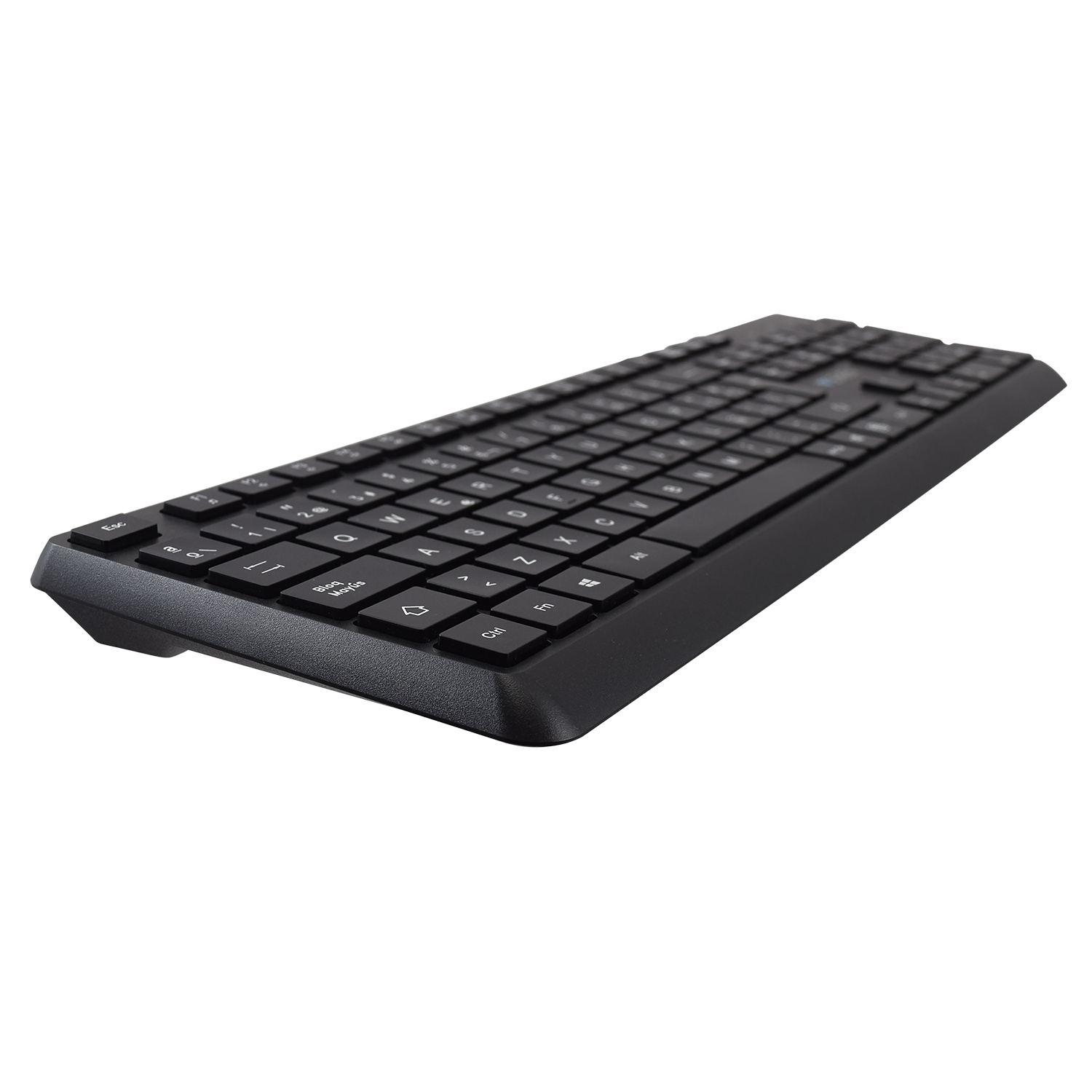 Teclado negro con teclas y letras sobre fondo blanco.