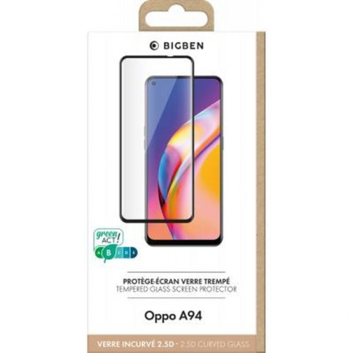 Verpakking voor Oppo A94 schermbeschermer met telefoon en schermbeschermer.