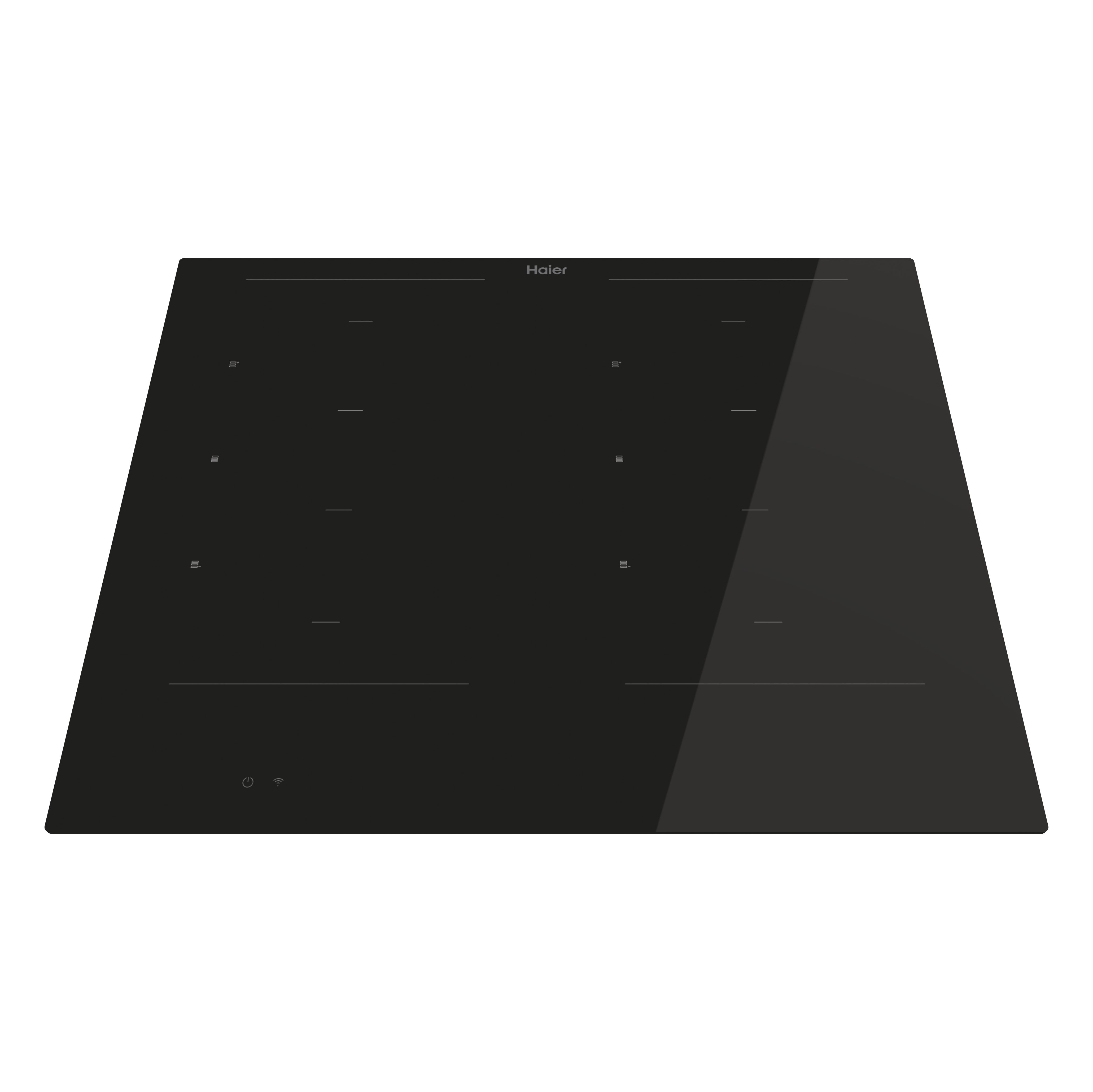 Placa de inducción negra con superficie de vidrio. Tiene múltiples zonas de cocción y controles táctiles.