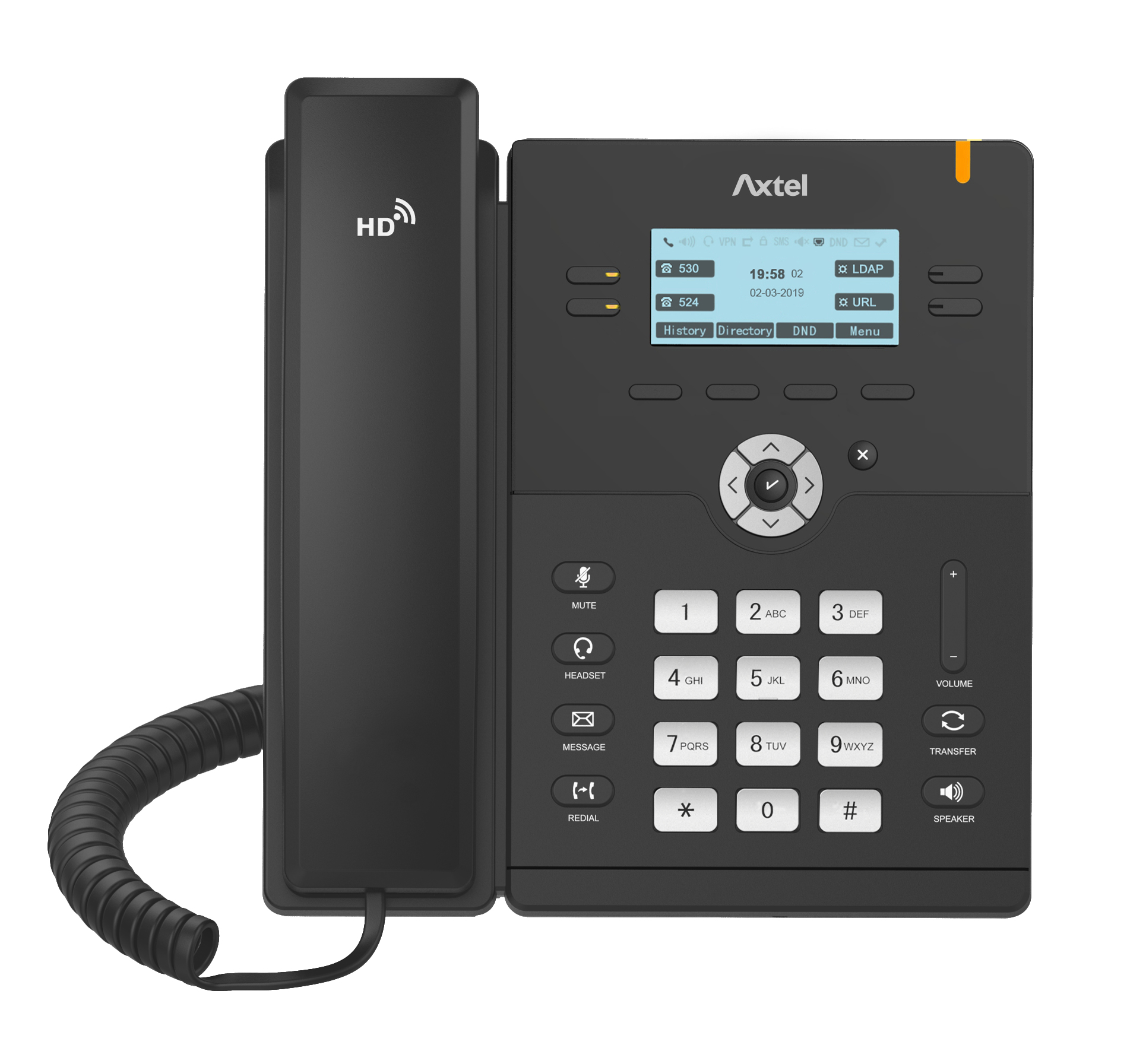 Telefono IP Axtel nero inclinato a destra, che mostra schermo e pulsanti.