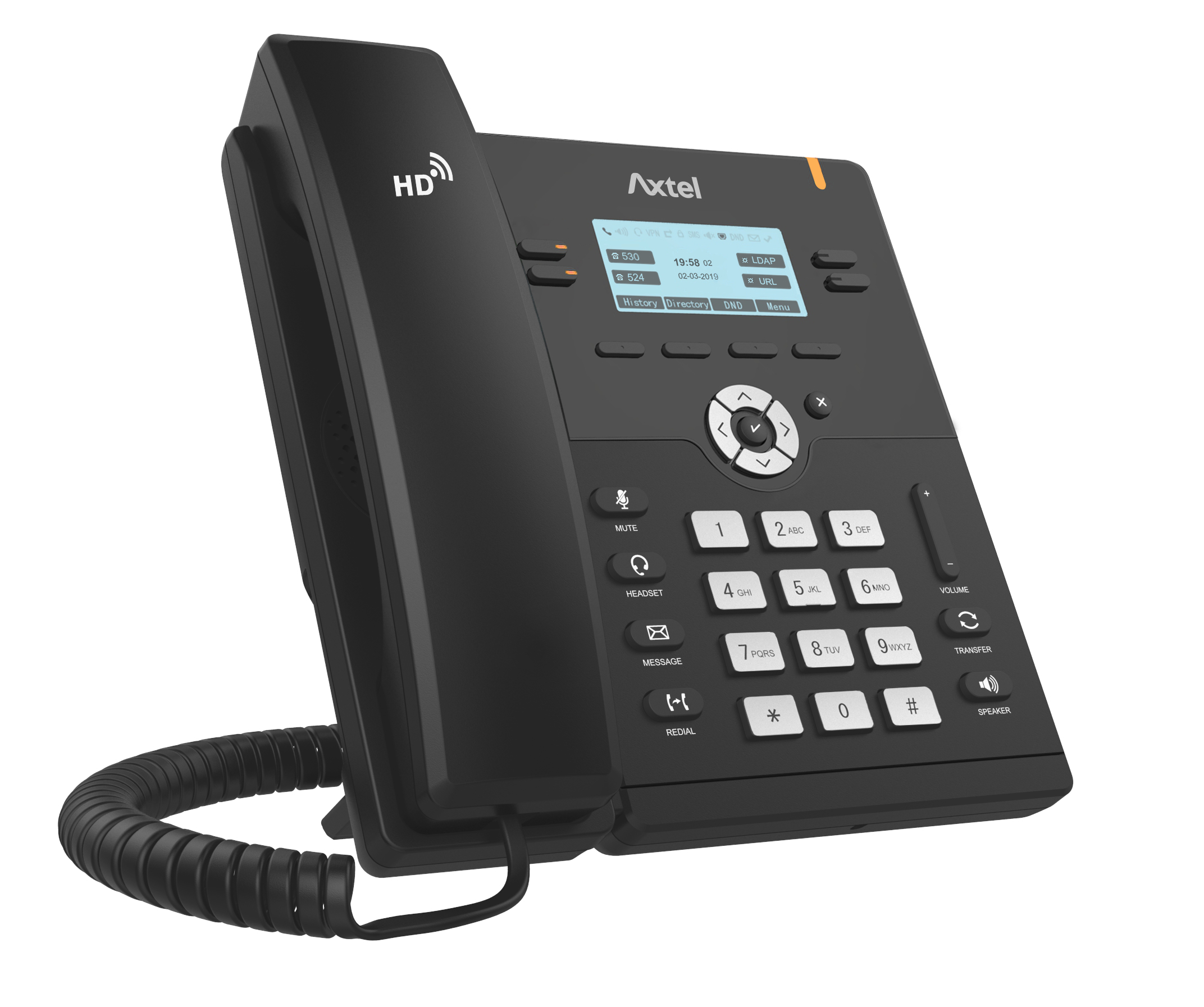 Telefono IP Axtel nero inclinato a destra, che mostra schermo e pulsanti.