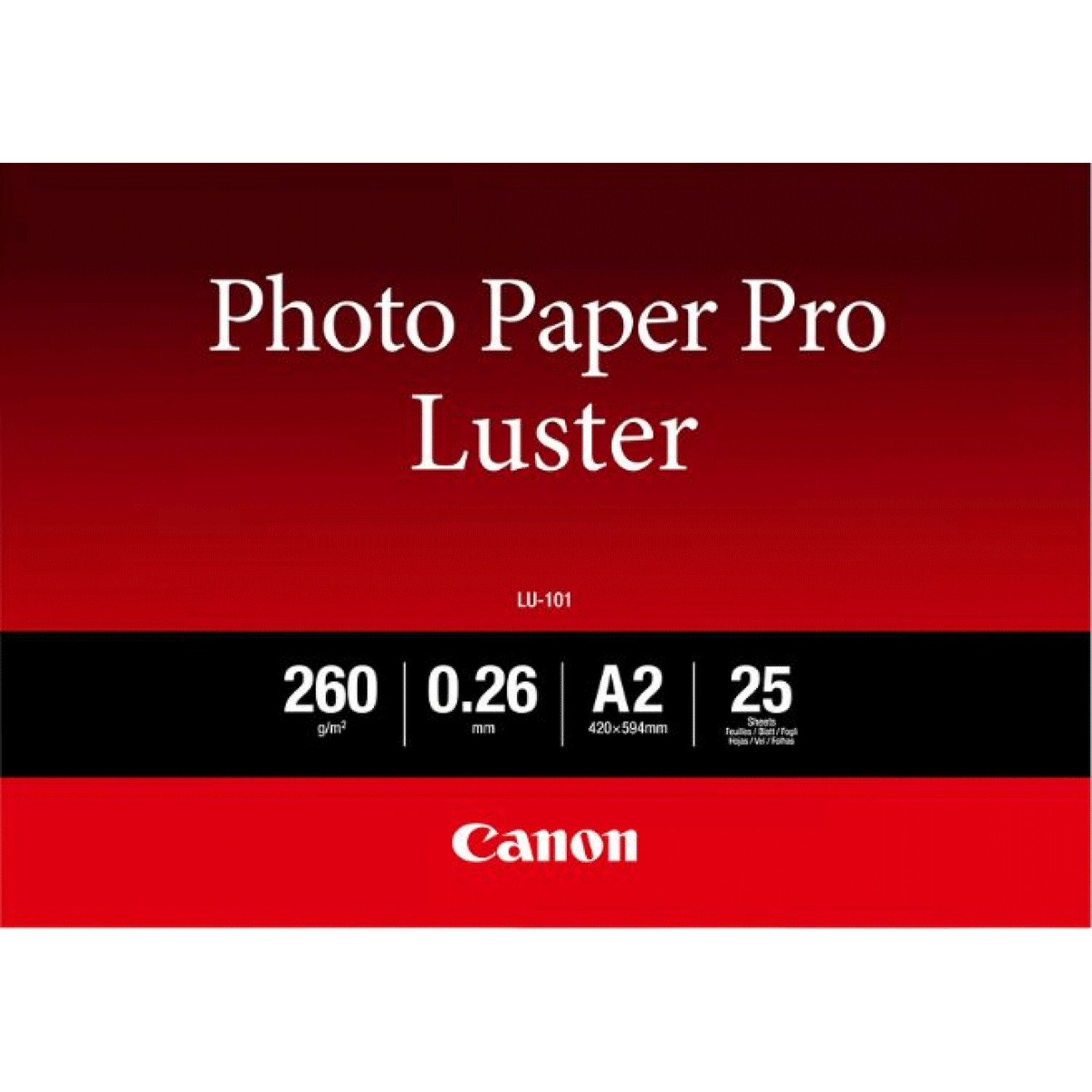 Opakowanie produktu Photo Paper Pro Luster, z tekstem i specyfikacjami, logo Canon, czerwone tło.