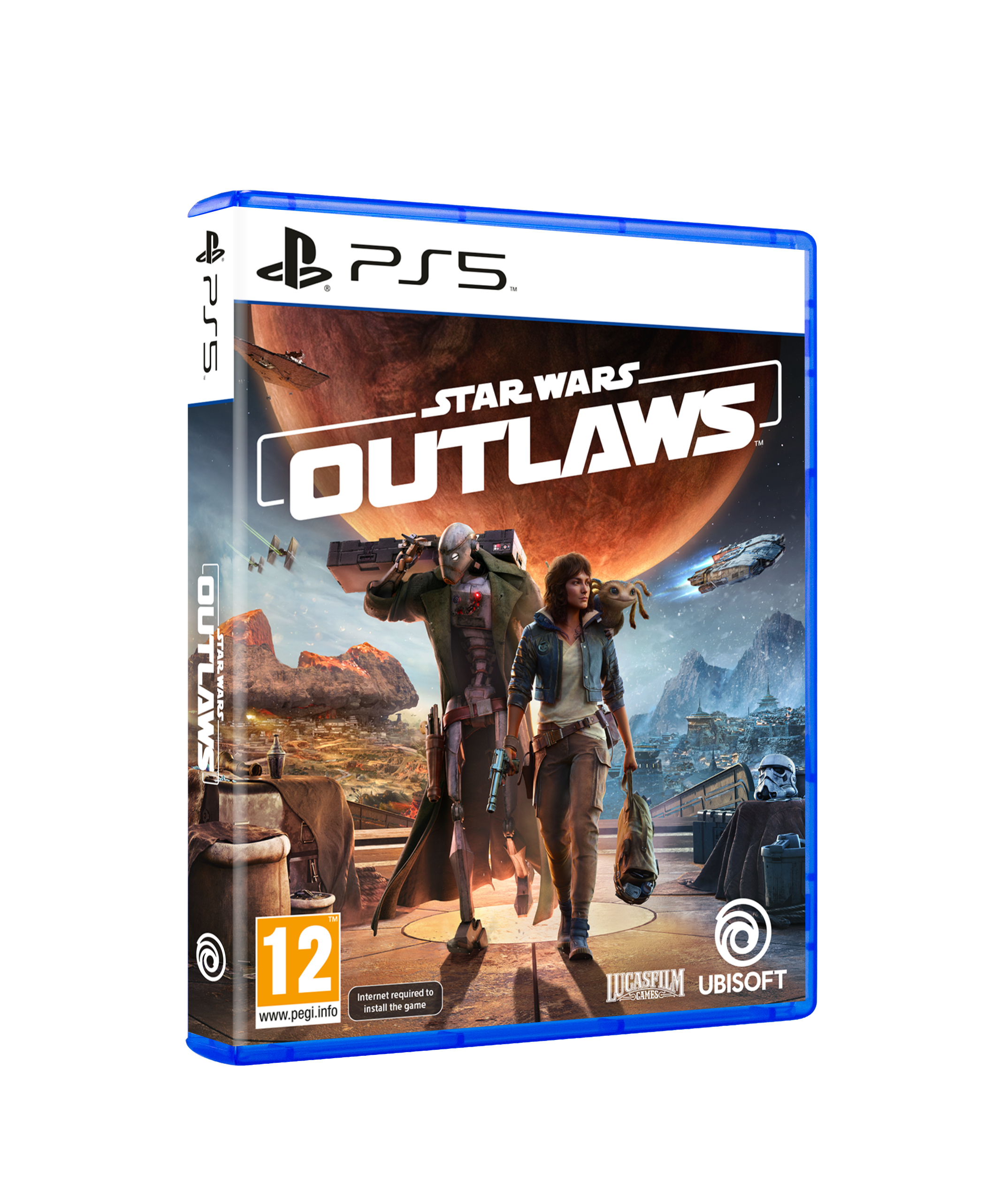 Copertina del videogioco PS5 Star Wars Outlaws, con personaggi, scena spaziale e logo, bordo blu.