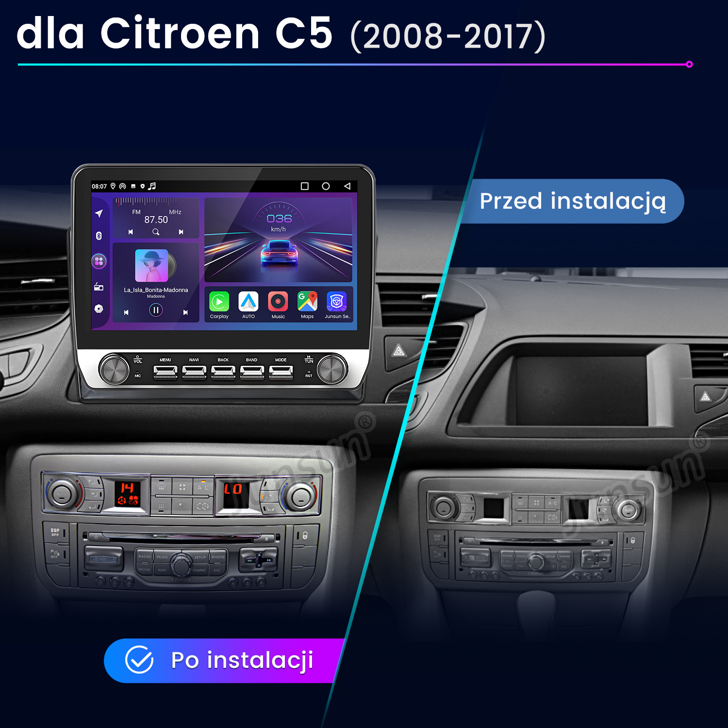 Porównanie instalacji systemu multimedialnego do samochodu. Przed i po, pokazujące nowy wyświetlacz.