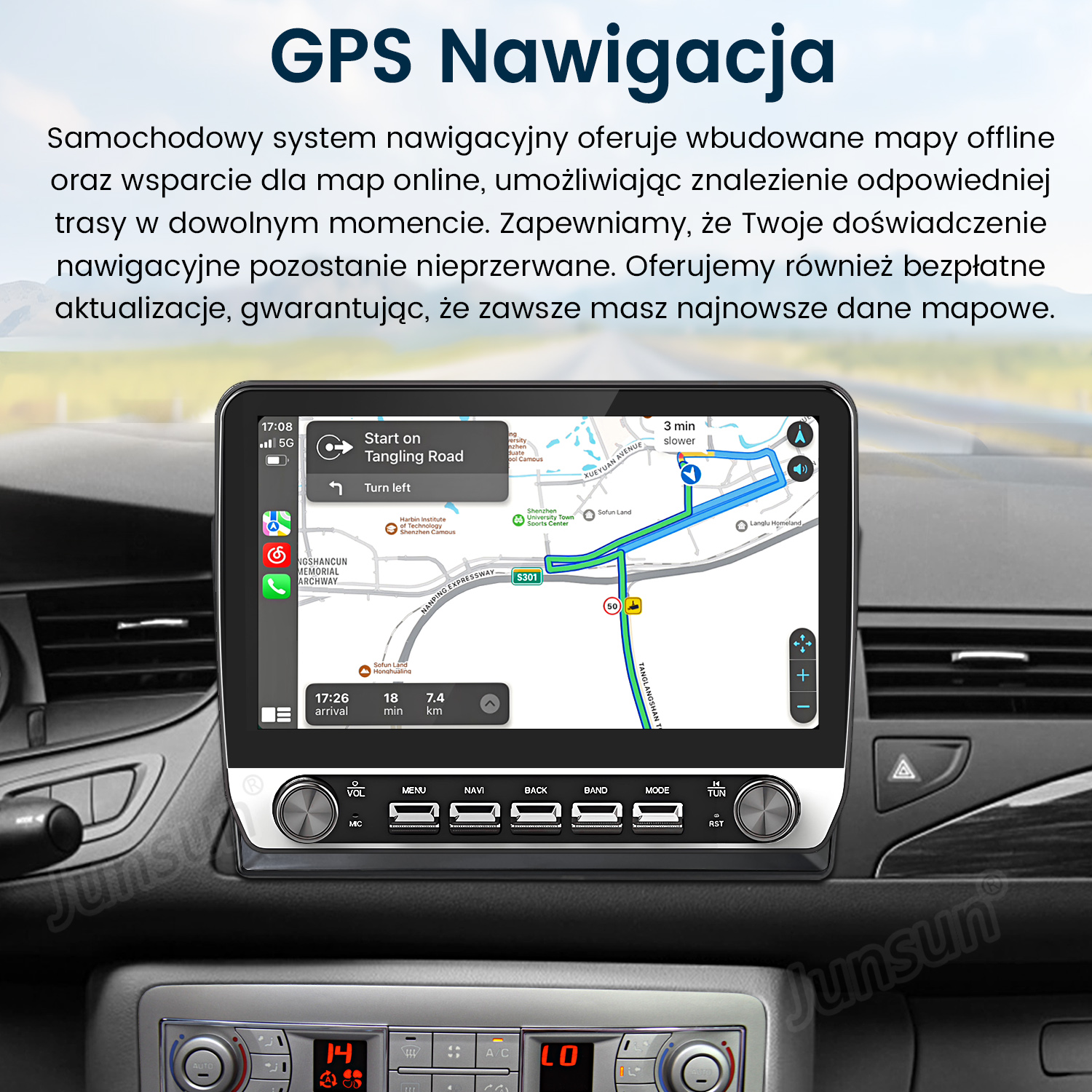 Ekran audio w samochodzie z interfejsem nawigacji GPS, mapą i elementami sterowania.