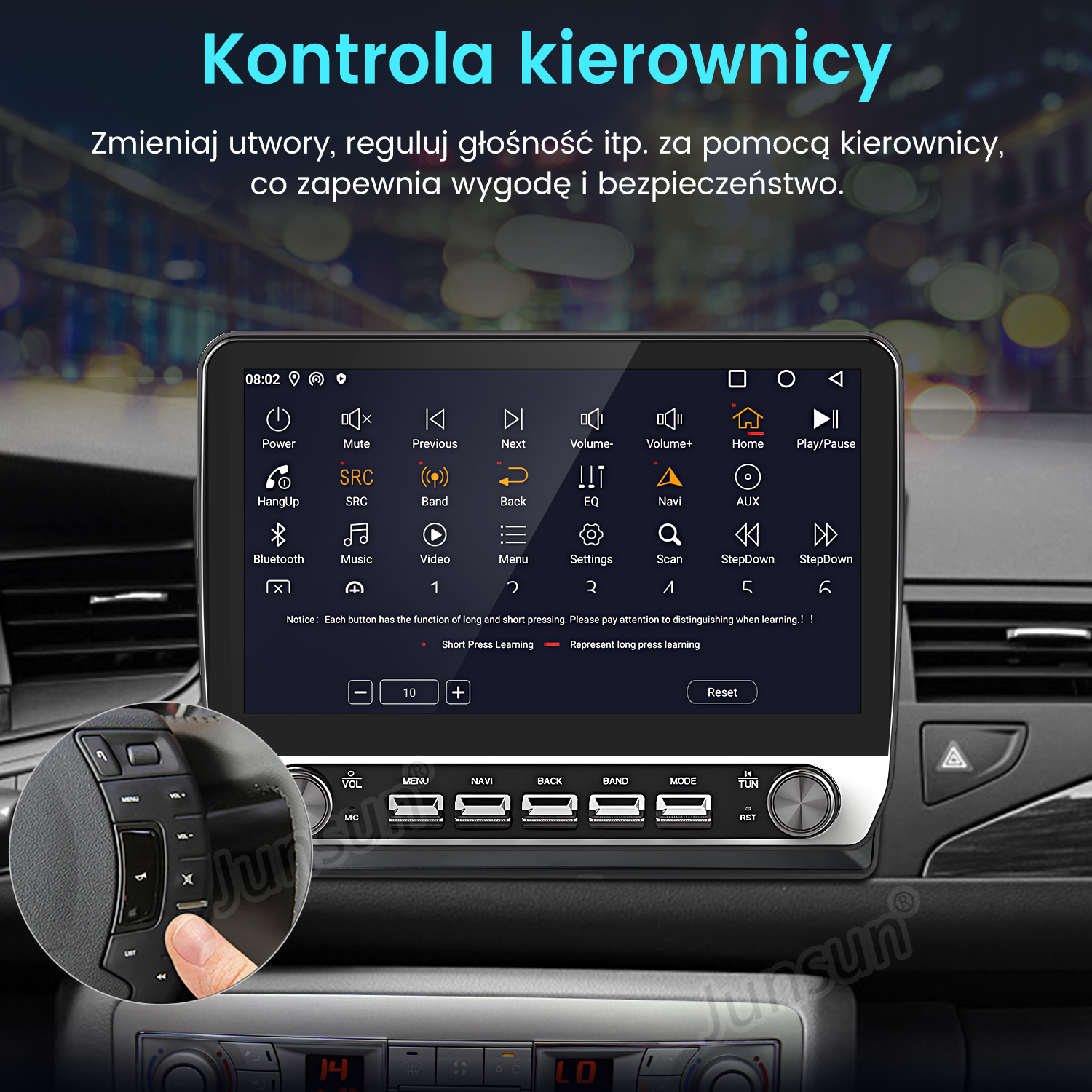 Ekran audio w samochodzie wyświetlający elementy sterujące ustawieniami samochodu i muzyki.