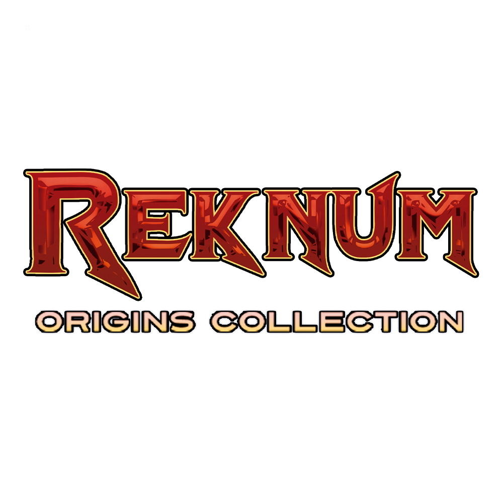 Logo di Reknum: Origins Collection, testo rosso con effetto riflettente su sfondo bianco.