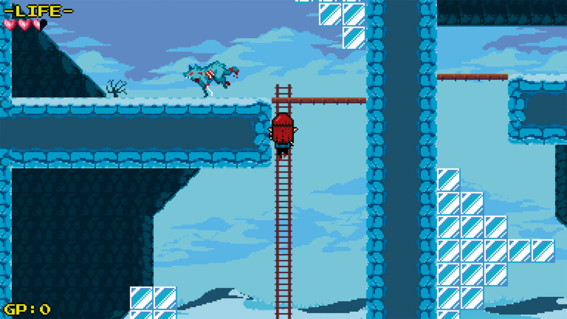 Scena gry w stylu pixel art. Postać wspina się po drabinie z potworem na górze. Zima.