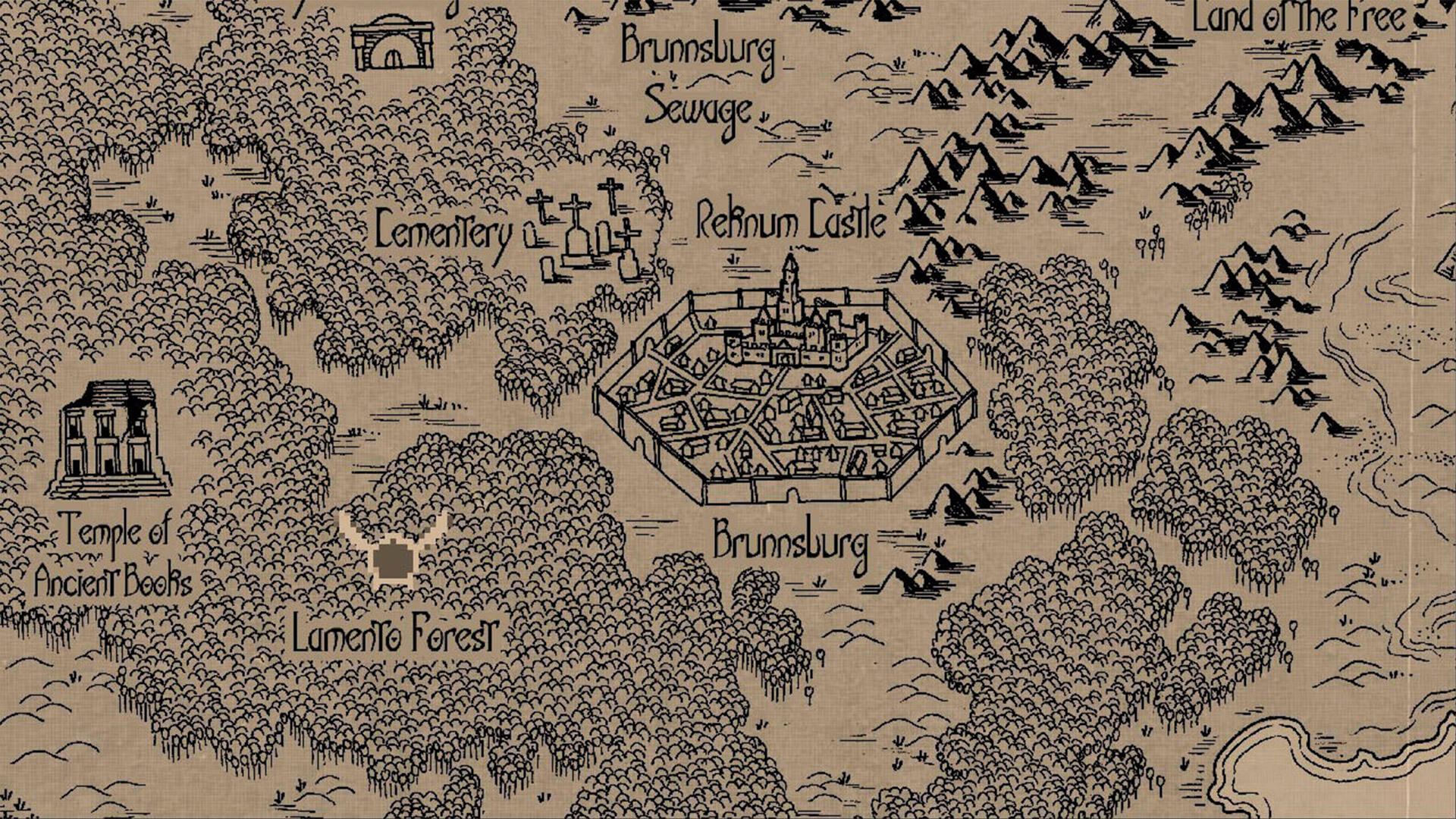 Una mappa di un mondo fantasy, che mostra luoghi come un castello e una foresta.