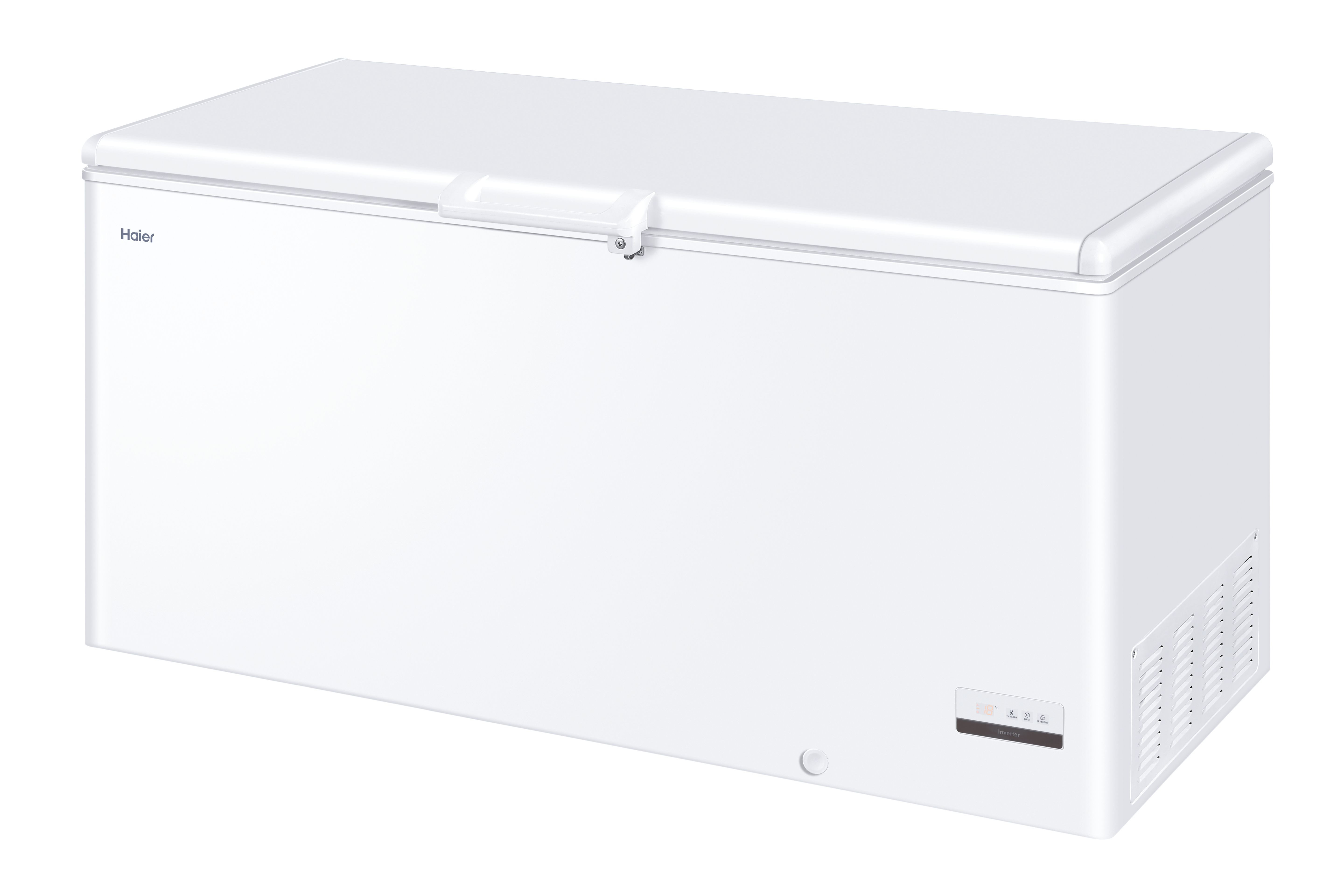 Congelatore a pozzetto Haier bianco con coperchio superiore, maniglia e pannello di controllo.