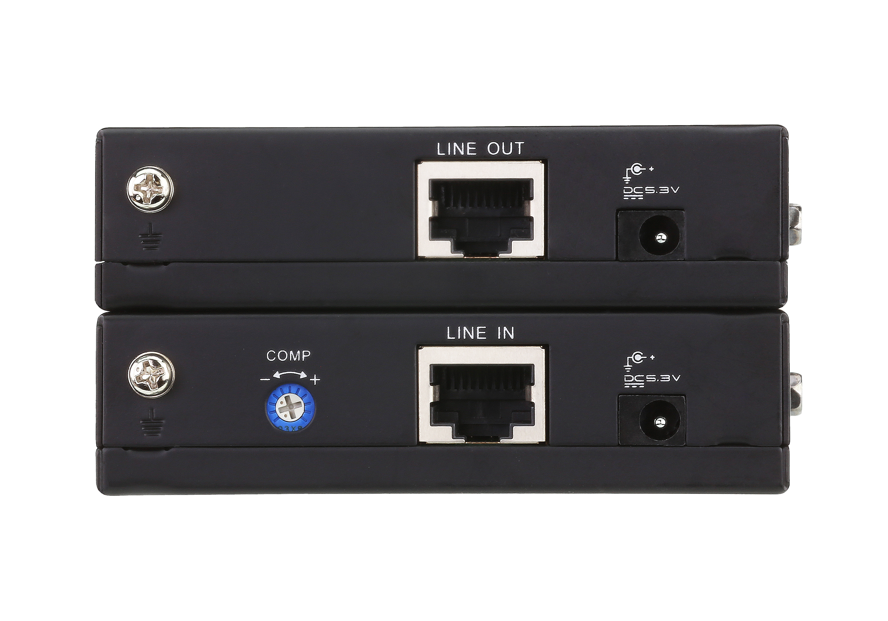 Il retro di due dispositivi neri, etichettati 'LINE OUT', 'LINE IN' e 'DC 5.3V'.