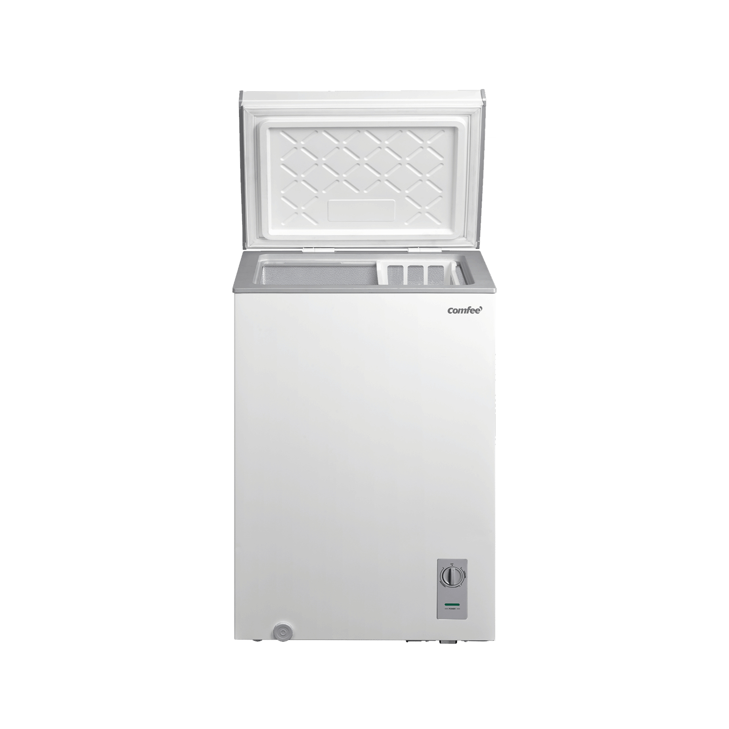 A white Comfee chest freezer with the lid open, showing the interior.