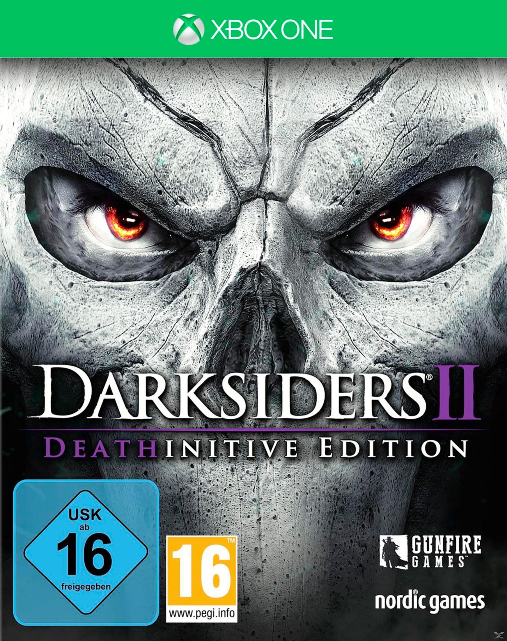 Videospiel-Box-Art für Darksiders II, mit einem Totenkopf mit feurigen Augen.