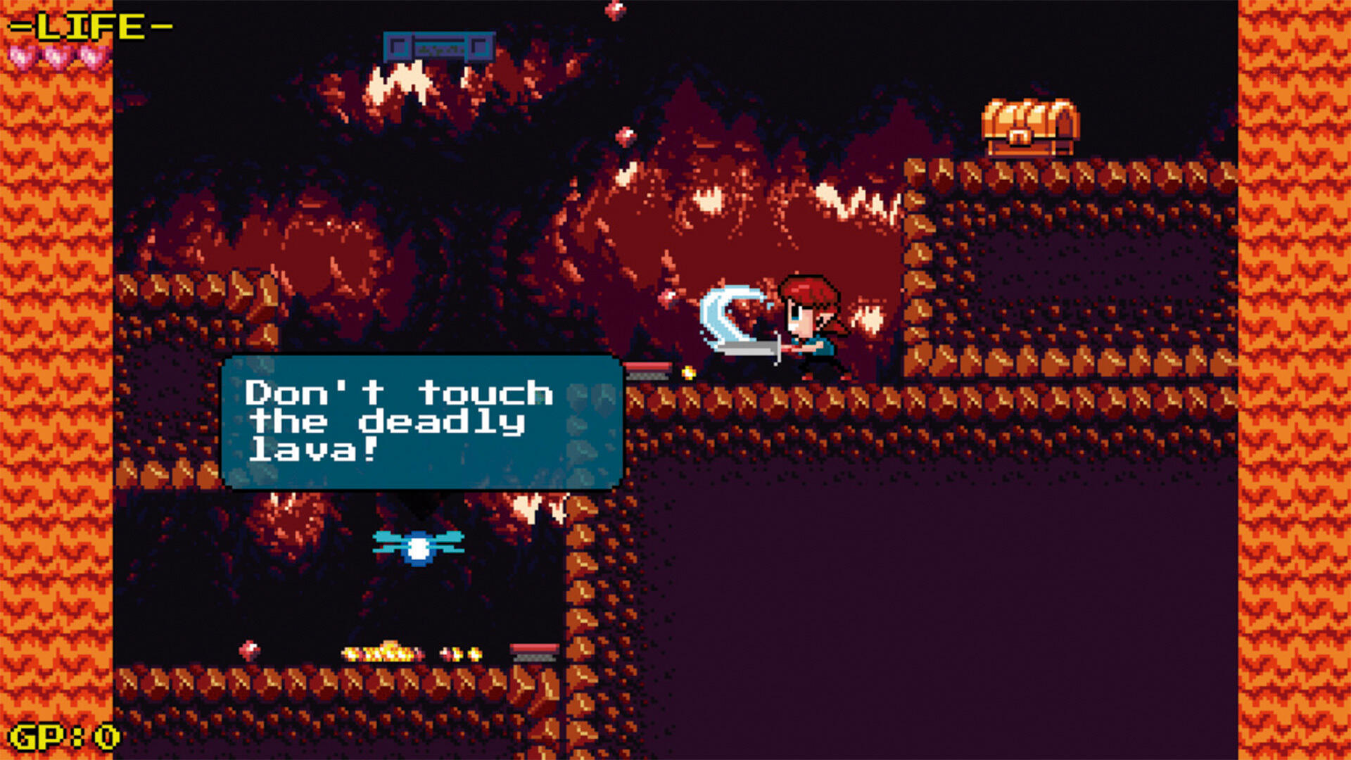 Scena z gry pikselowej. Postać skacze, pod spodem lawa i skrzynia. Dymek mówi: "Nie dotykaj zabójczej lawy!"