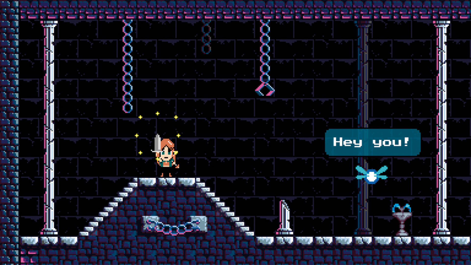 Pikselowa scena z gry wideo z postacią na platformie, dymek z napisem Hej ty!