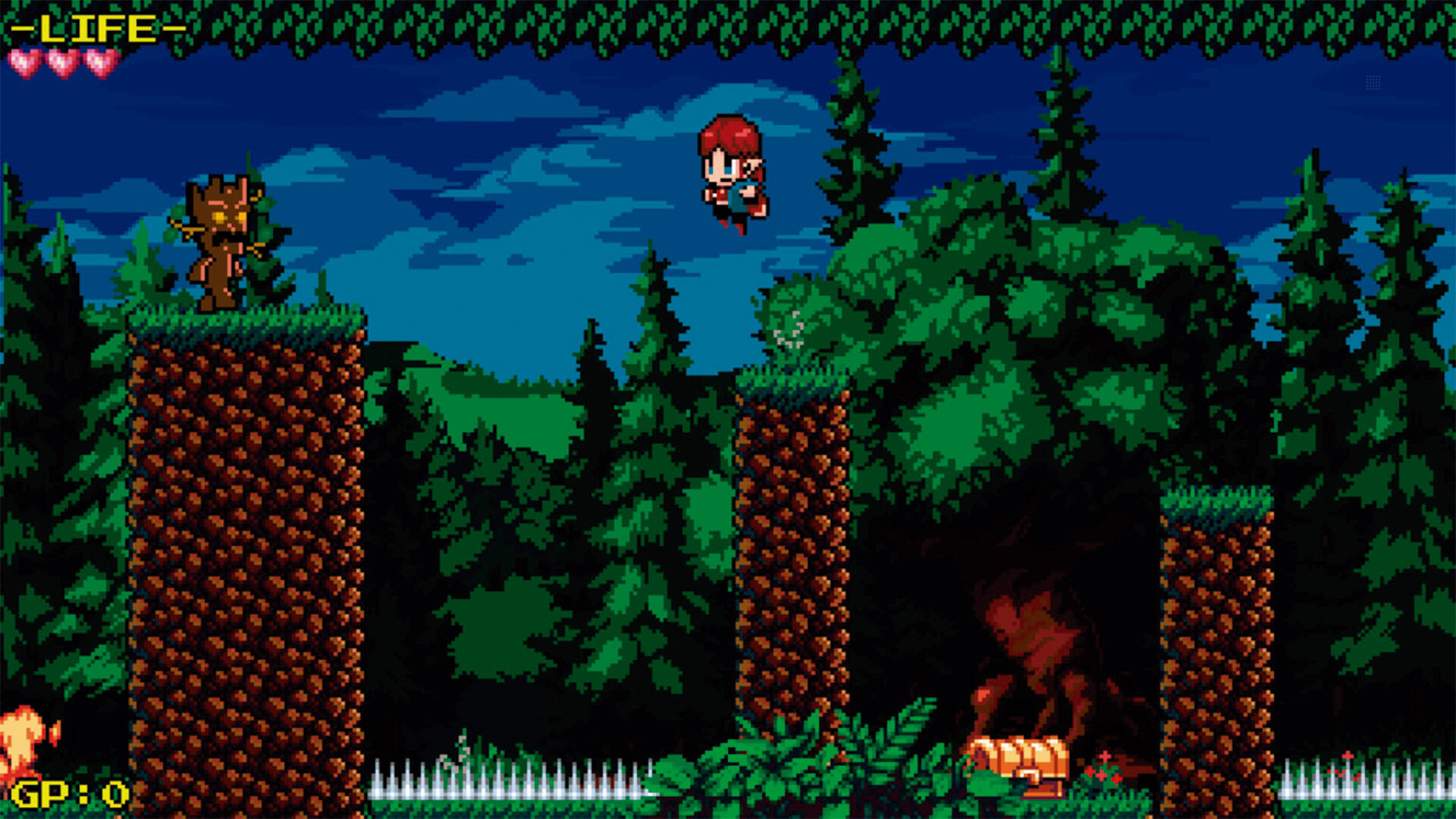 Scena z gry w stylu pixel art. Postać skacze nad lasem. Potwór przypominający drzewo jest po lewej stronie.