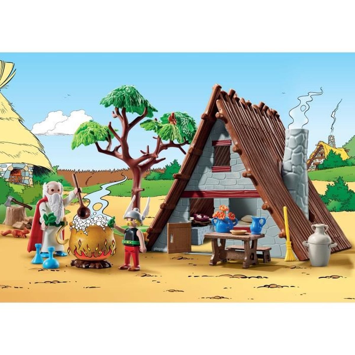 Set Playmobil Asterix. Una scena del villaggio con personaggi, una casa e un albero. Colorato e dettagliato.