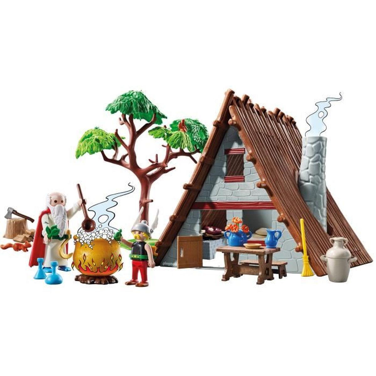 Un set Playmobil raffigura una capanna in stile vichingo con personaggi, un calderone e un albero.