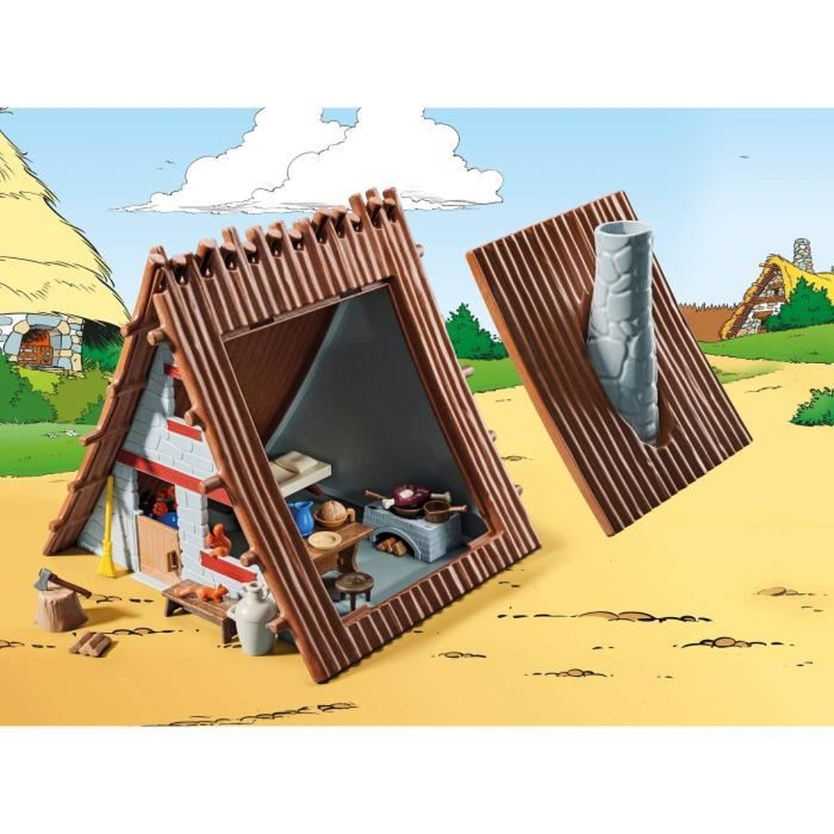 Un set Playmobil raffigura una capanna in stile vichingo con un lato aperto, rivelando dettagli.