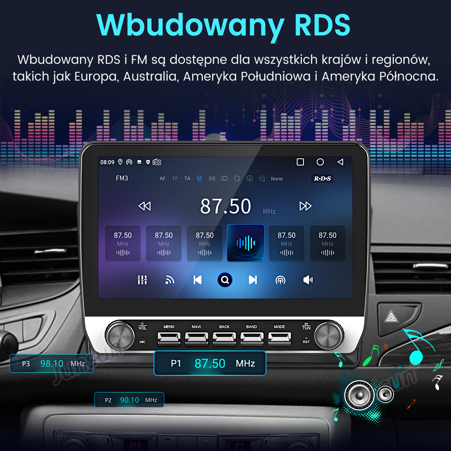 Ekran radia samochodowego wyświetlający informacje radiowe i przyciski poniżej. Tekst po polsku. Kolorowa grafika.