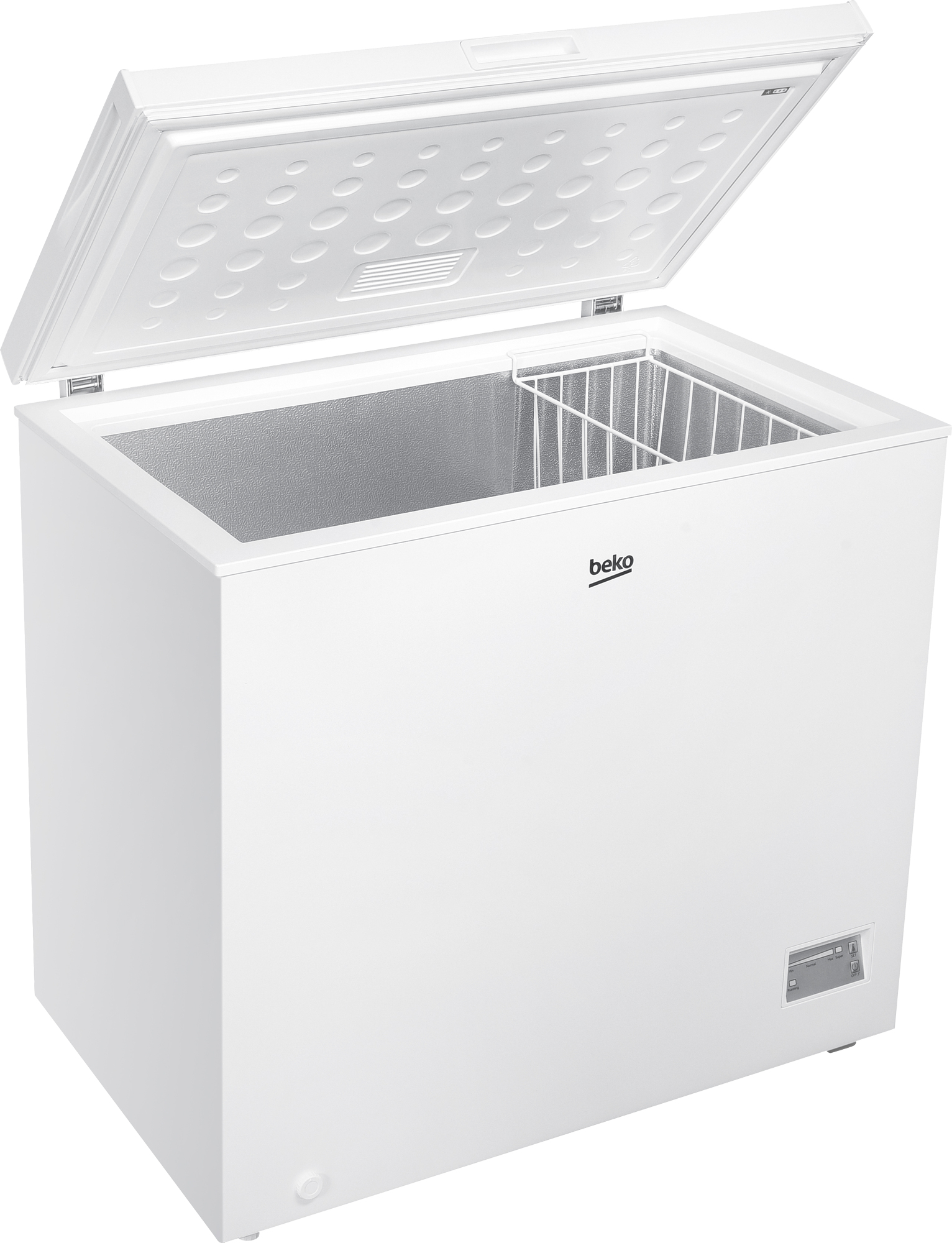 Weißer Beko-Gefrierschrank, Deckel offen, Innenraum sichtbar, mit Drahtkorb.