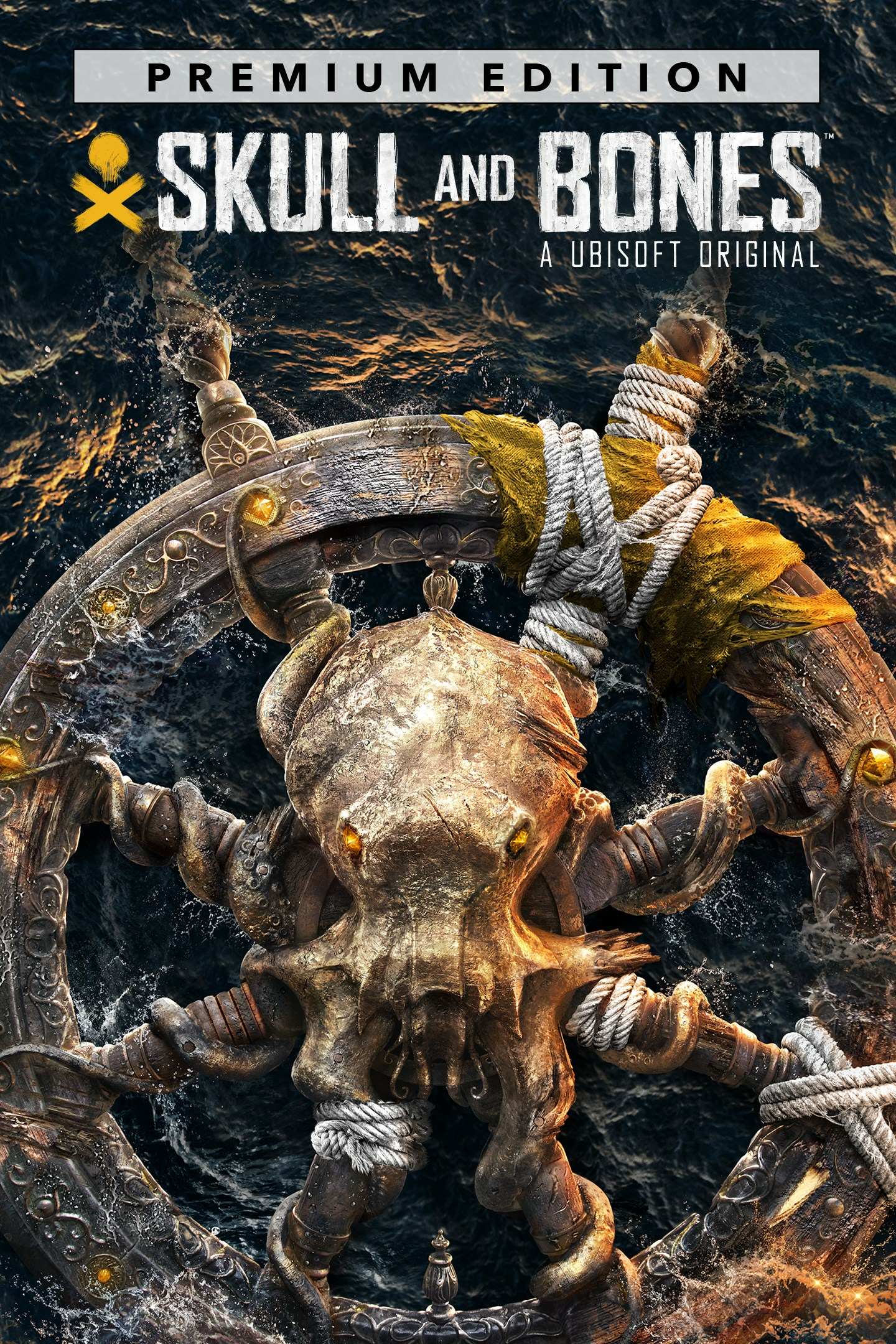 Copertina del gioco Skull and Bones. Un timone a forma di teschio, circondato dall'acqua.