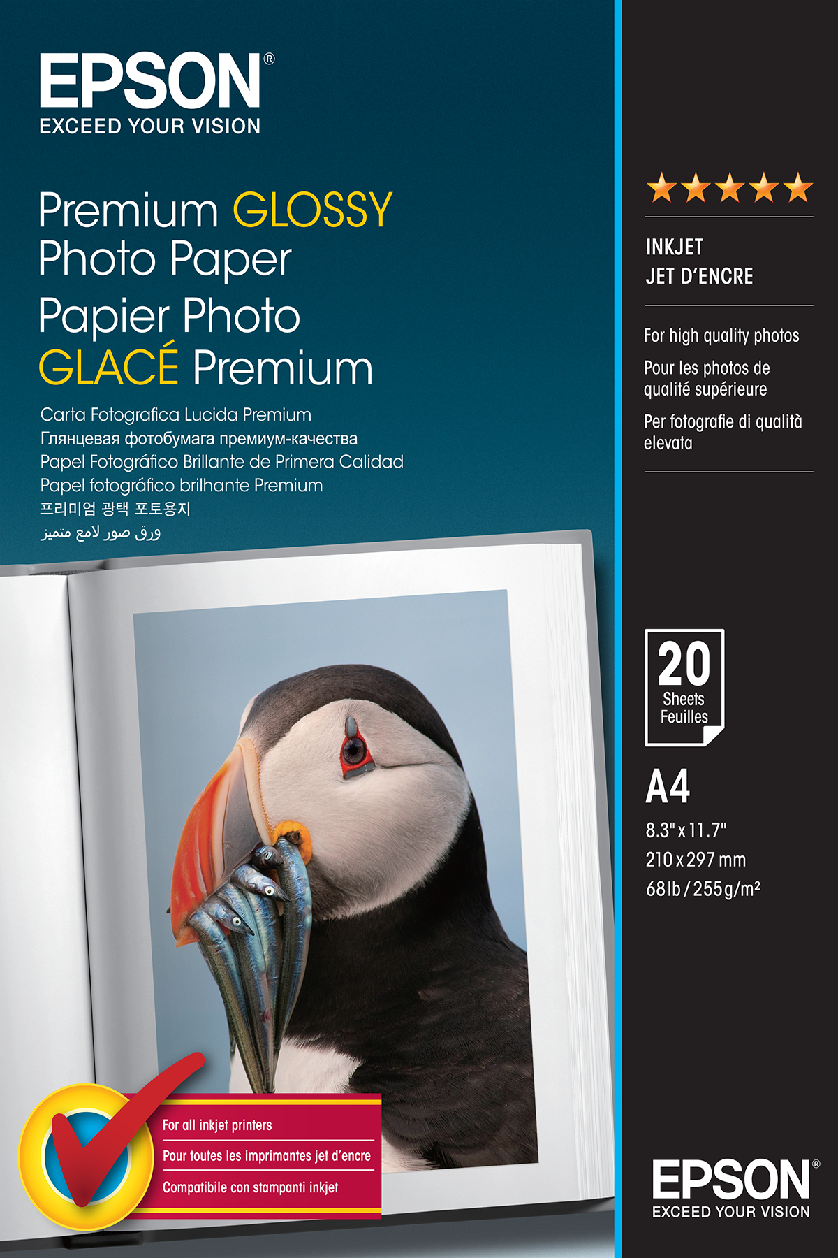 Carta fotografica lucida Epson, mostra un'immagine di pulcinella di mare e specifiche per stampanti inkjet.
