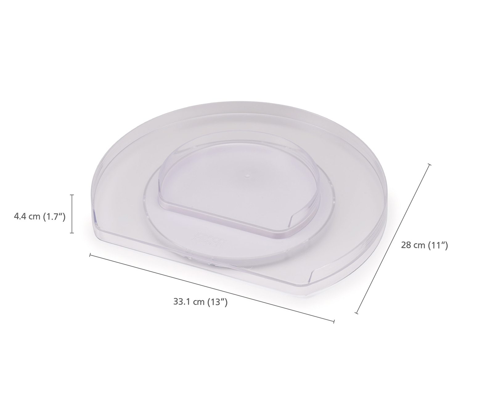 Przezroczysta plastikowa taca z wymiarami w cm i calach. Ma zakrzywiony kształt.