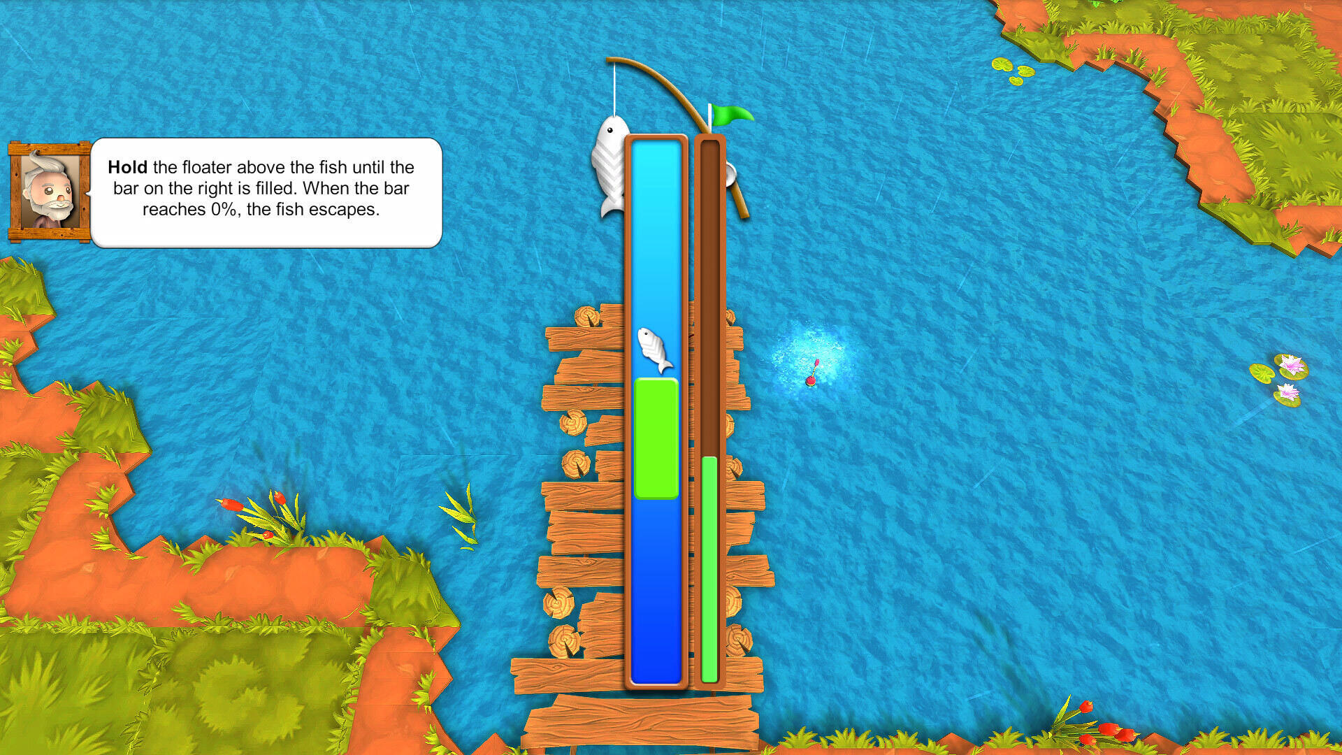 Una scena di gioco di pesca con un molo, acqua e un misuratore di pesca. Vengono visualizzate le istruzioni su come pescare.