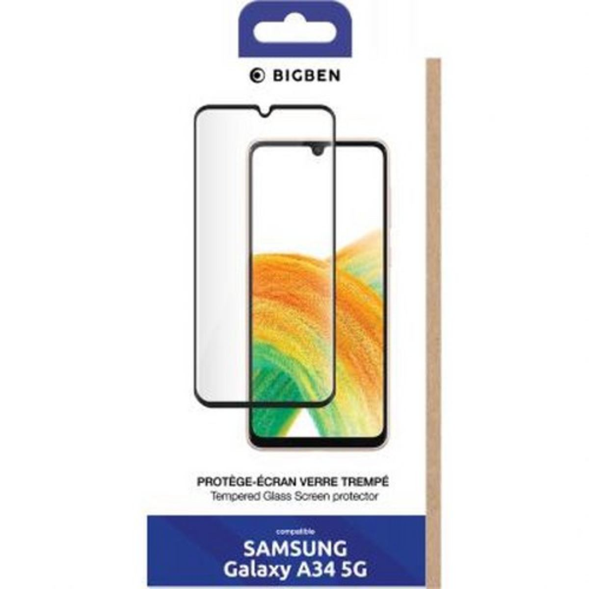 Een verpakking gehard glazen screenprotectors voor een Samsung Galaxy A34 5G telefoon, met een telefoonafbeelding.
